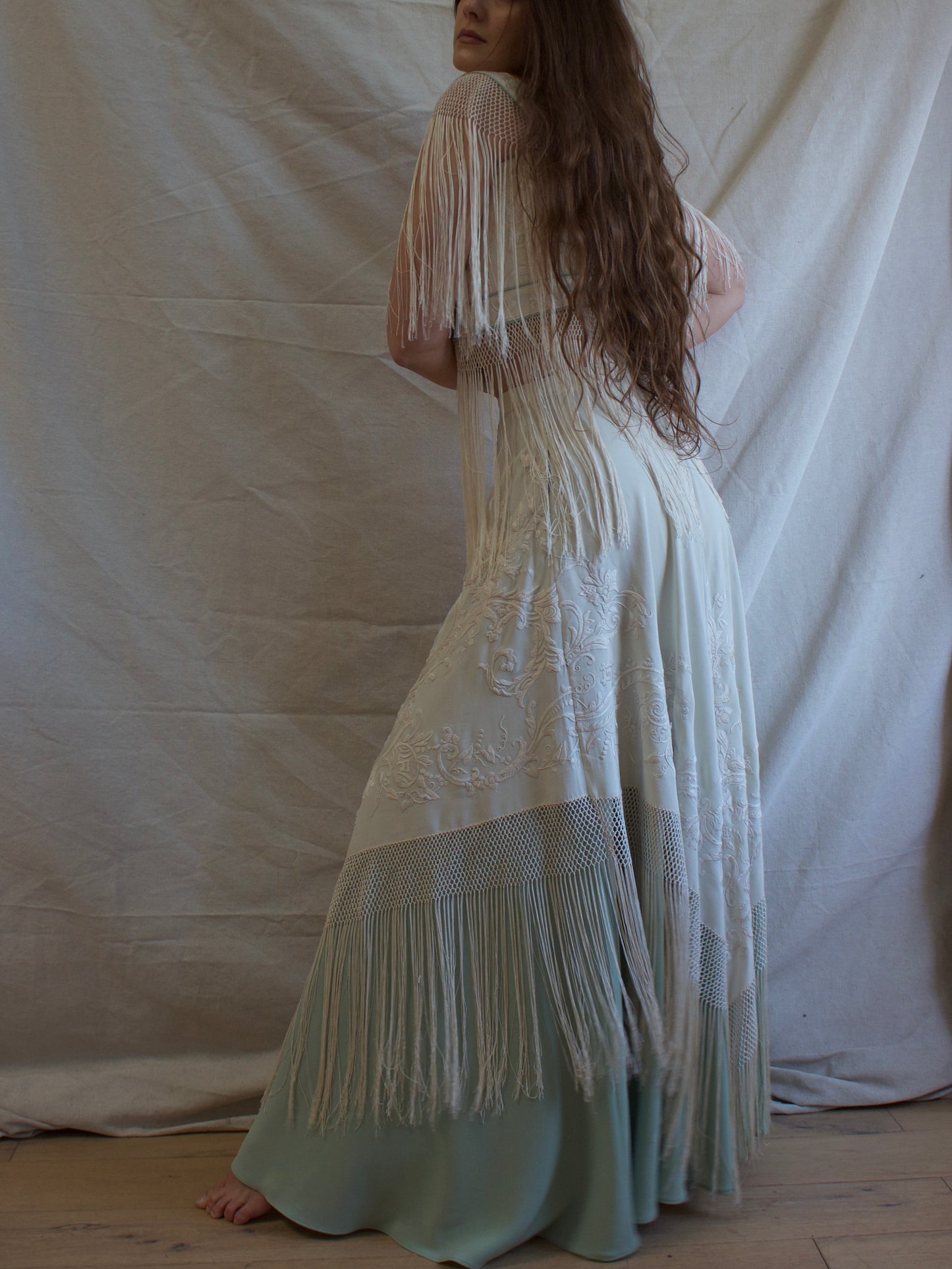 Antique Embroidered Fringe Piano Shawl Made Two Piece Gown