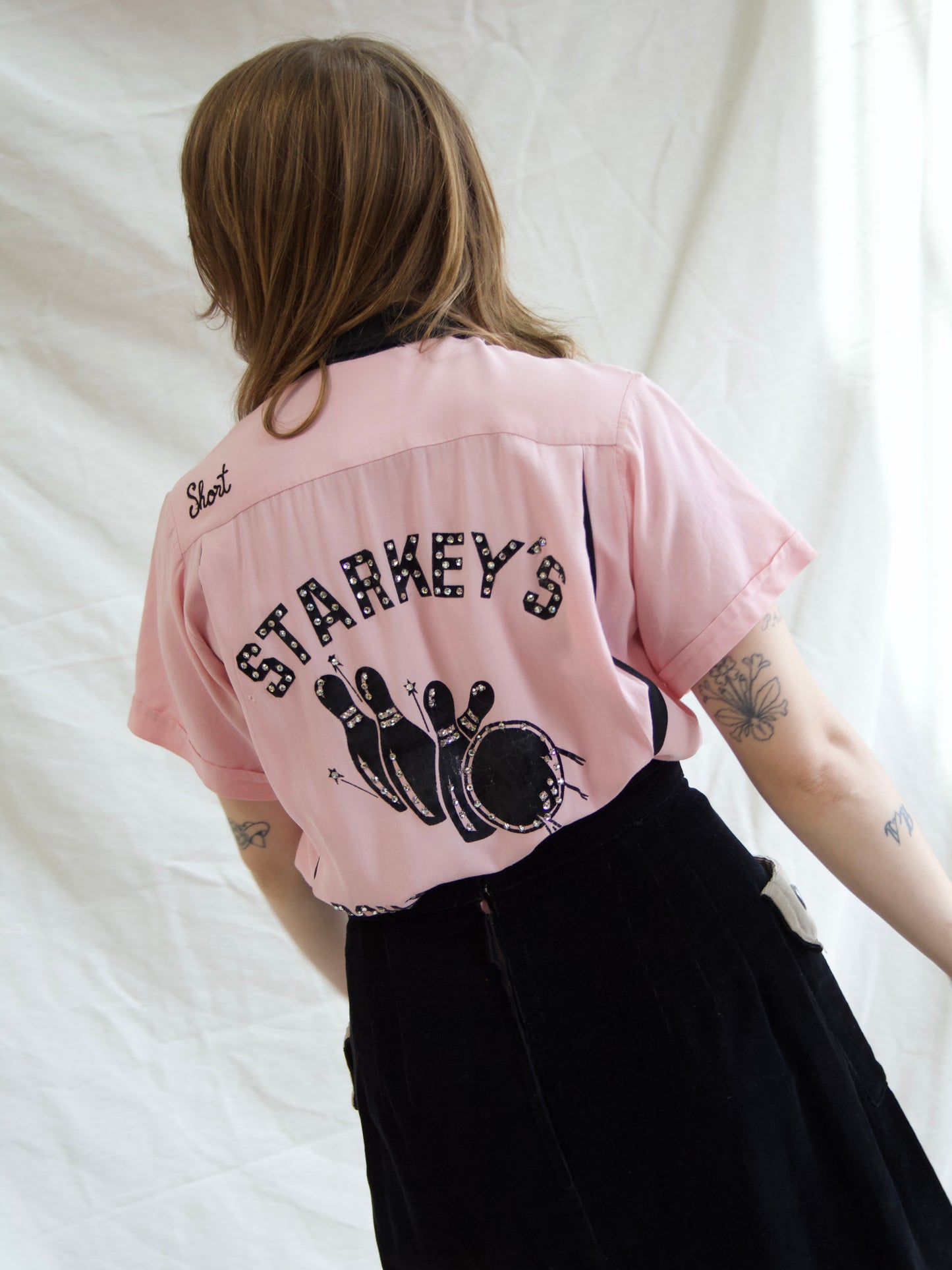 Rare 1950s “Starkeys Bowlerettes” Pink Rhinestone Embellished Gabardine Bowling Shirt