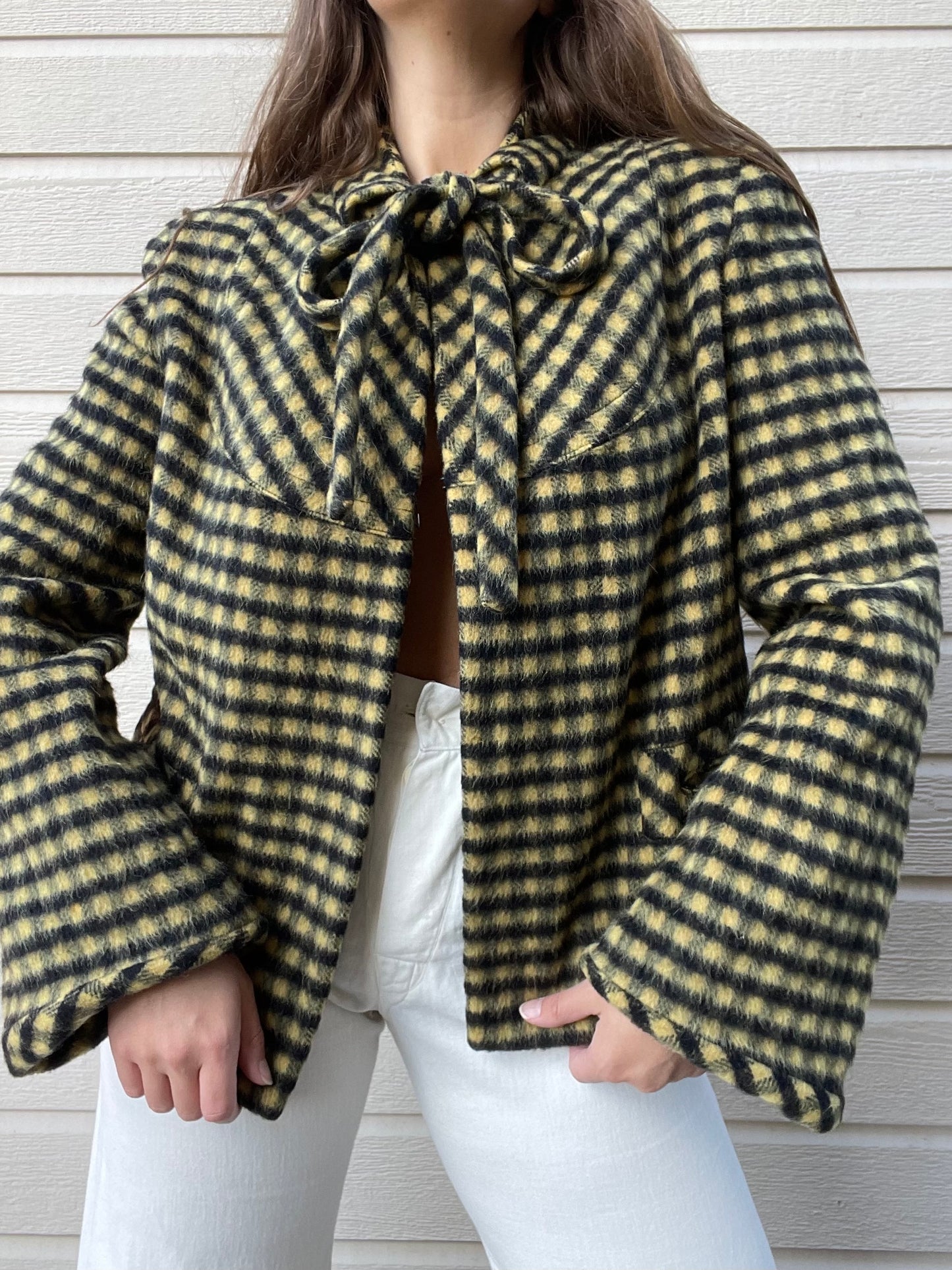 1940s Wool Mohair Gingham Bell Sleeve Swing Coat