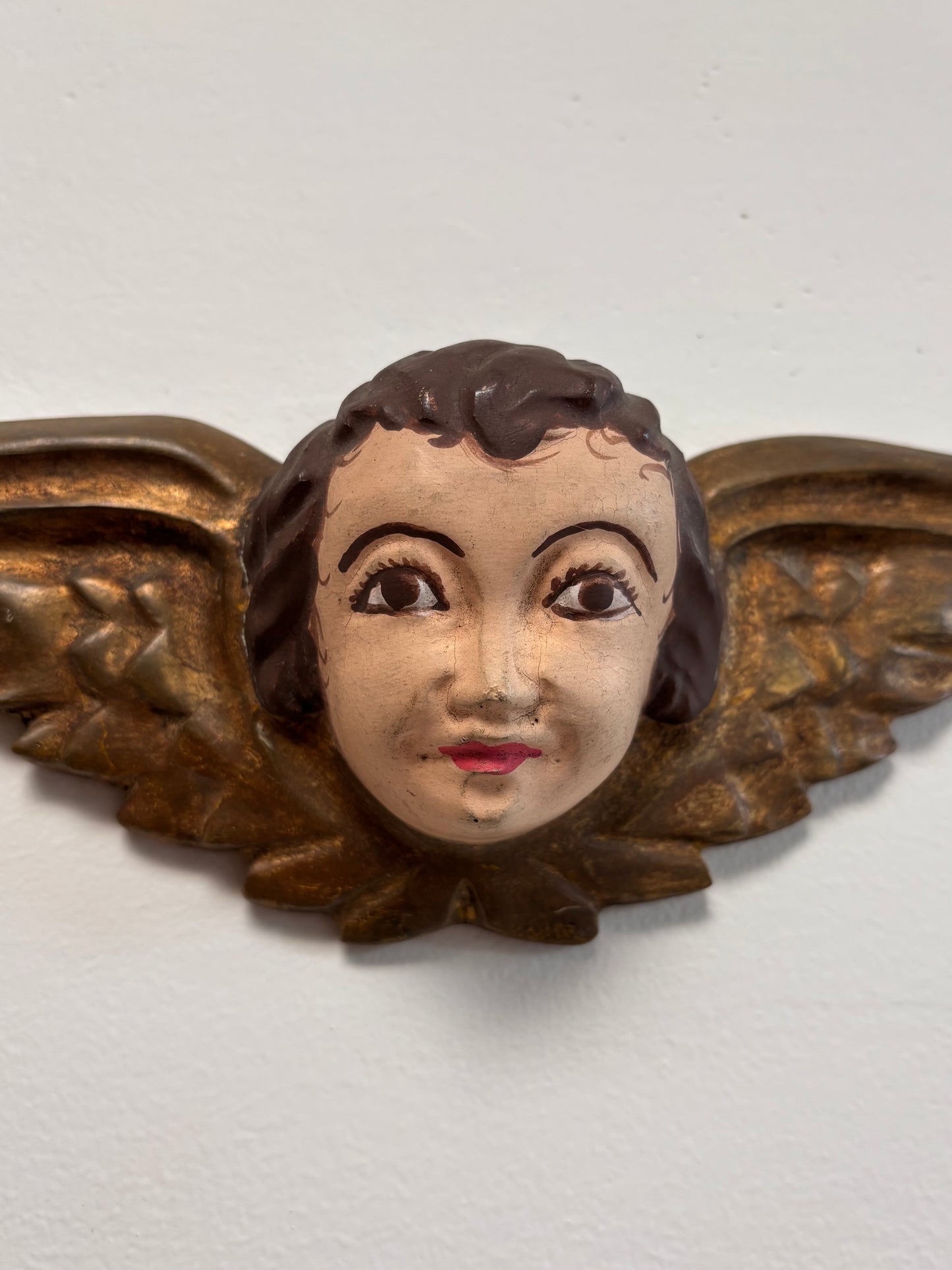 Antique 19th Century Hand Painted Wooden Winged Cherub Folk Art