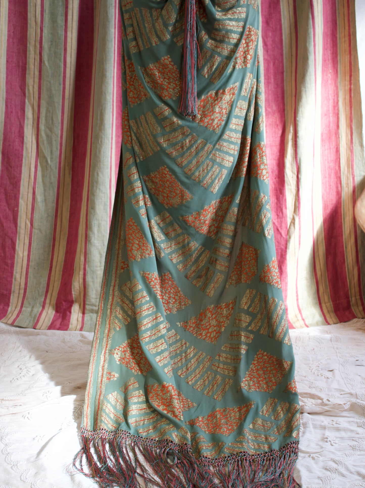 Antique 1920s Tangerine & Gold Lamé Chiffon Floor Length Trained Knotted Fringe Cape