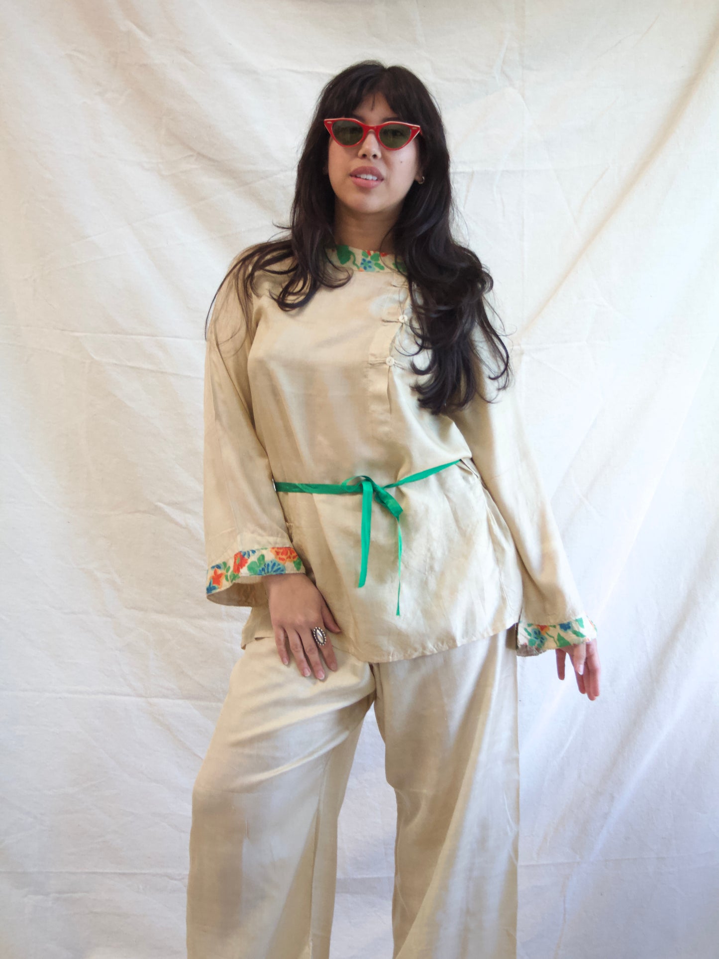 Antique 1920s Faded Print Pongee Silk 2 PC Loungewear Pant Set