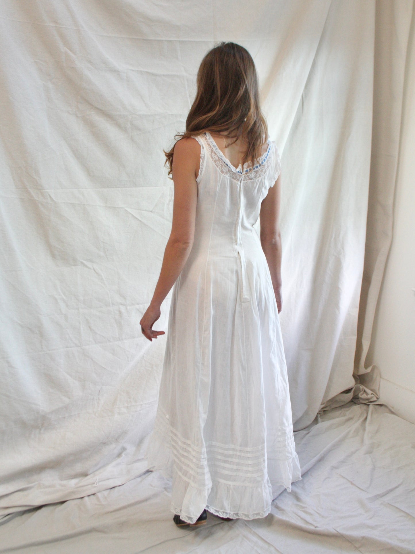 Antique Edwardian Cotton & Lace Ribbon Princess Slip Dress
