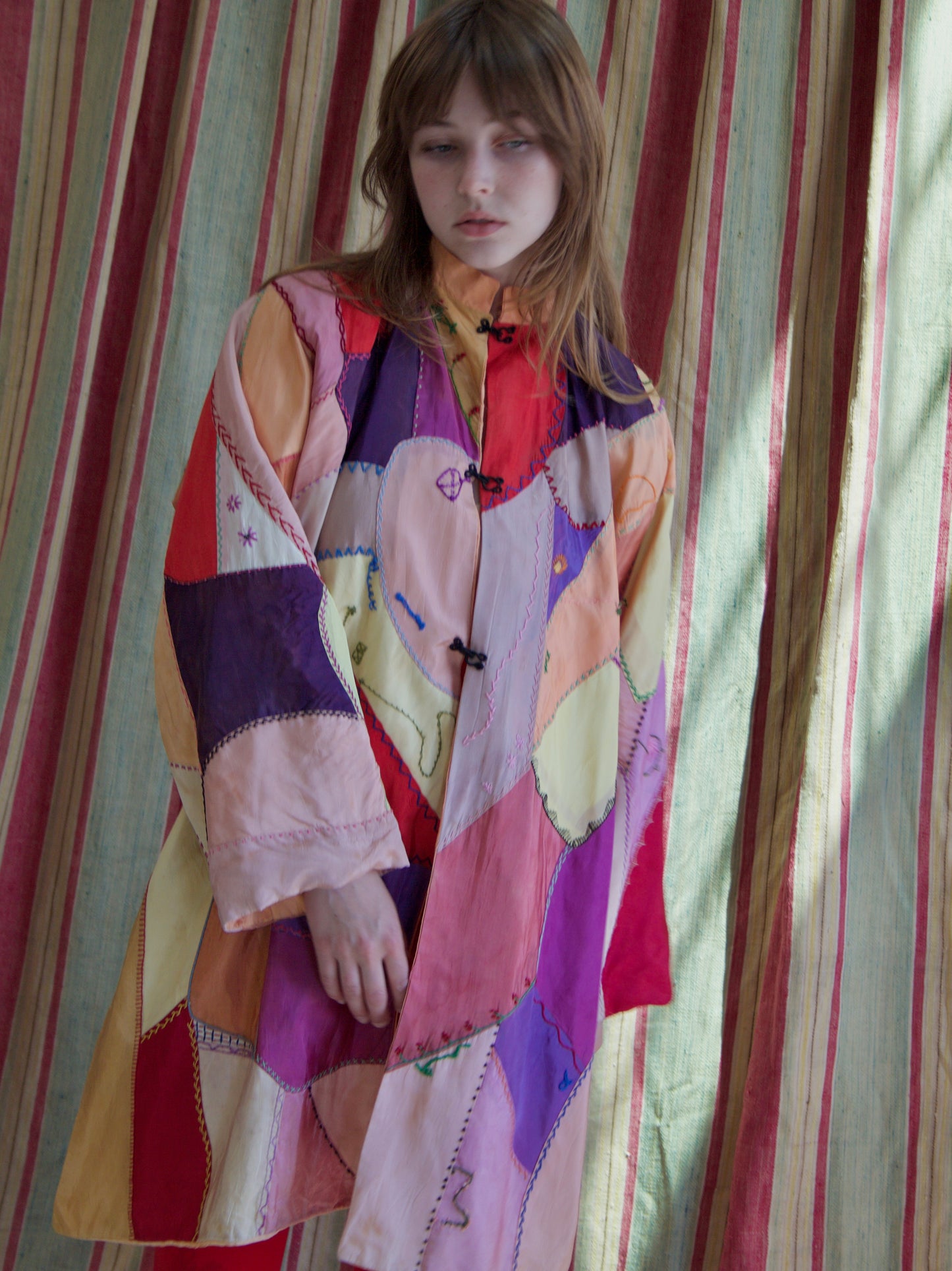 1940s Neon Rayon Crazy Quilt Bell Sleeve Tunic Style Jacket
