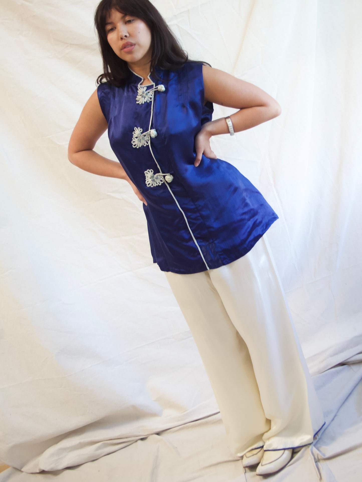 1940s Cobalt & Ivory Silk Two PC Loungewear Blouse Pant Set