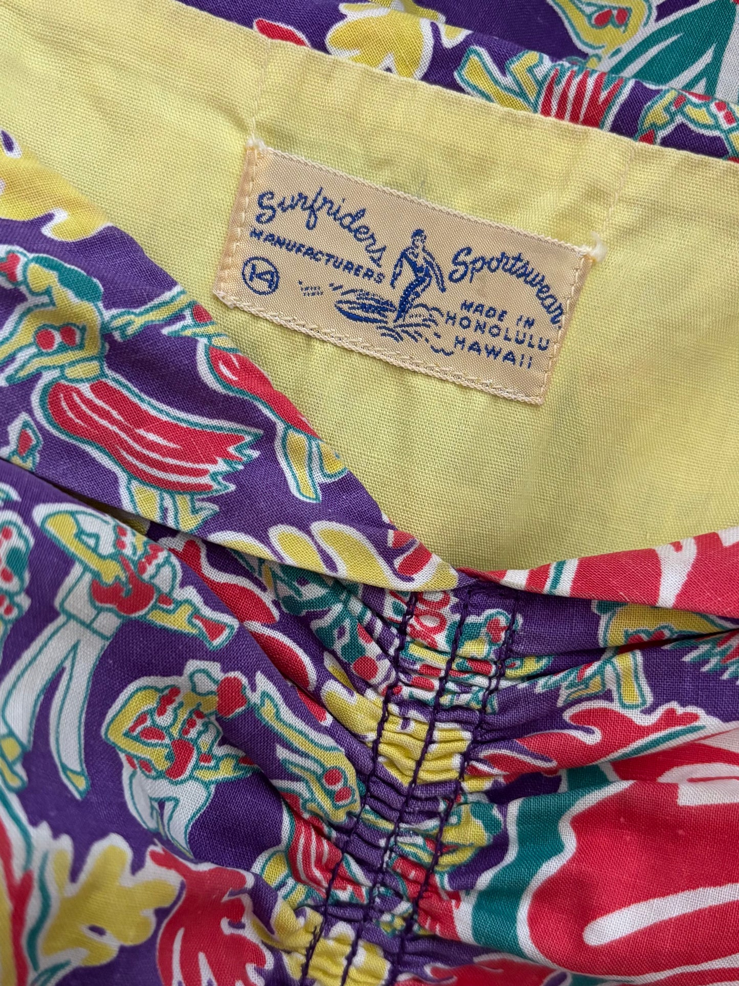 1950s Hawaiian 'Surfriders' Strapless Sarong Cotton Print Dress