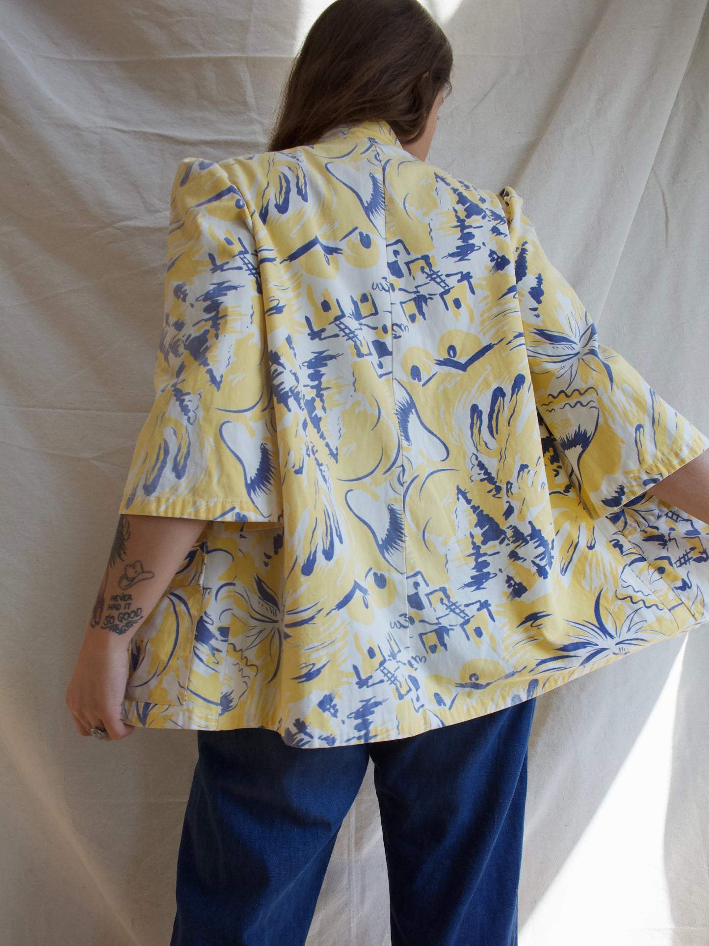 Rare 1940s Southwestern Print Cotton Twill Puff Sleeve Sportswear Smock Style Jacket