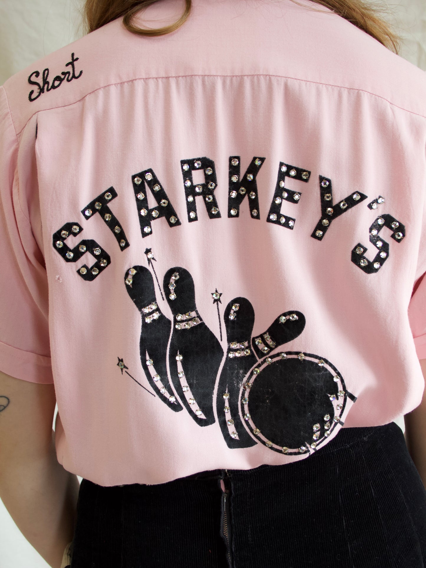 Rare 1950s “Starkeys Bowlerettes” Pink Rhinestone Embellished Gabardine Bowling Shirt