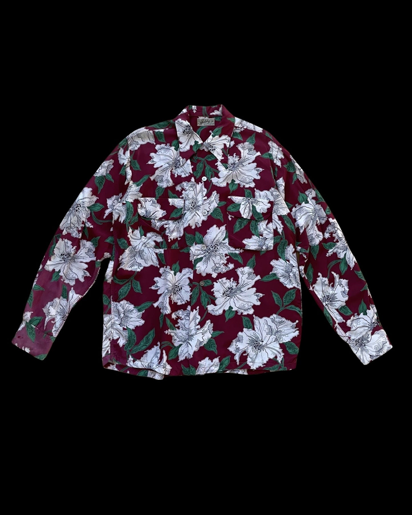 1950 Hawaiian Holiday Sportswear Rayon Long Sleeve Loop Collar Shirt