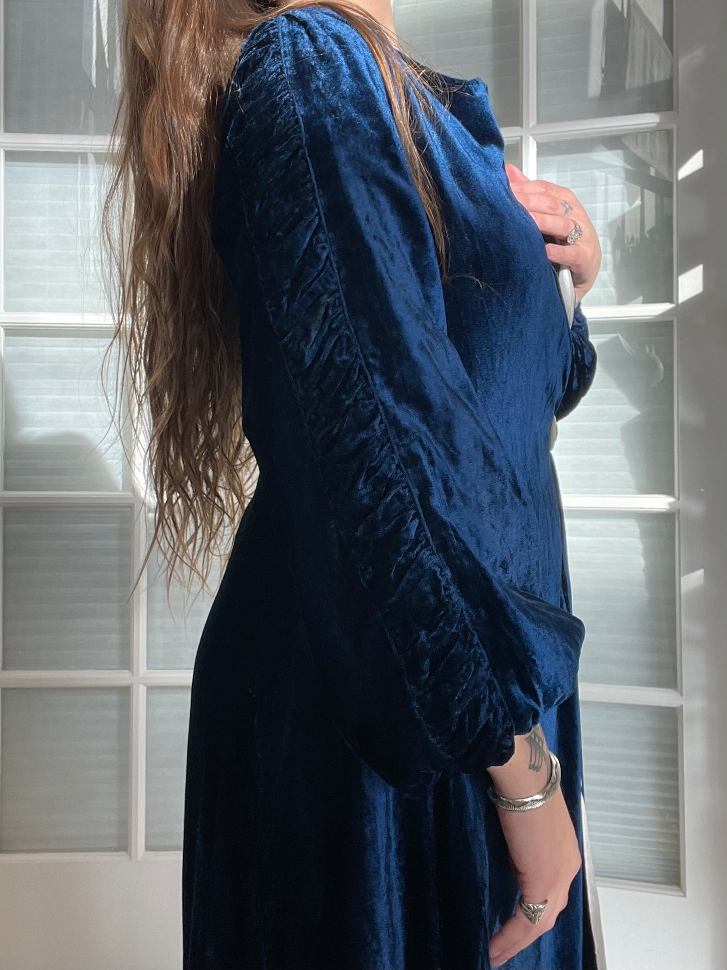 1940s Navy Velvet Bishop Sleeve Robe Style Coat