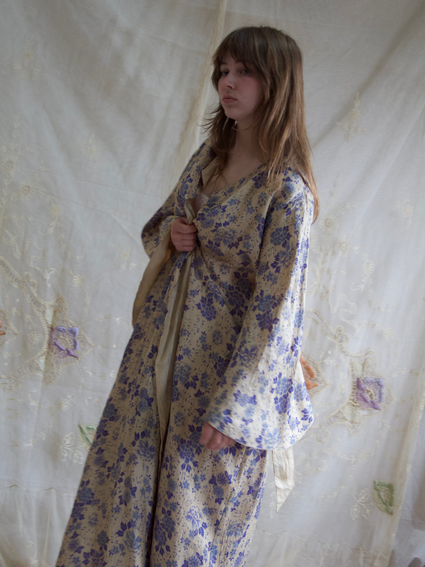 Antique 1920s Reversible Flutter Sleeve Floral Pongee Silk Robe