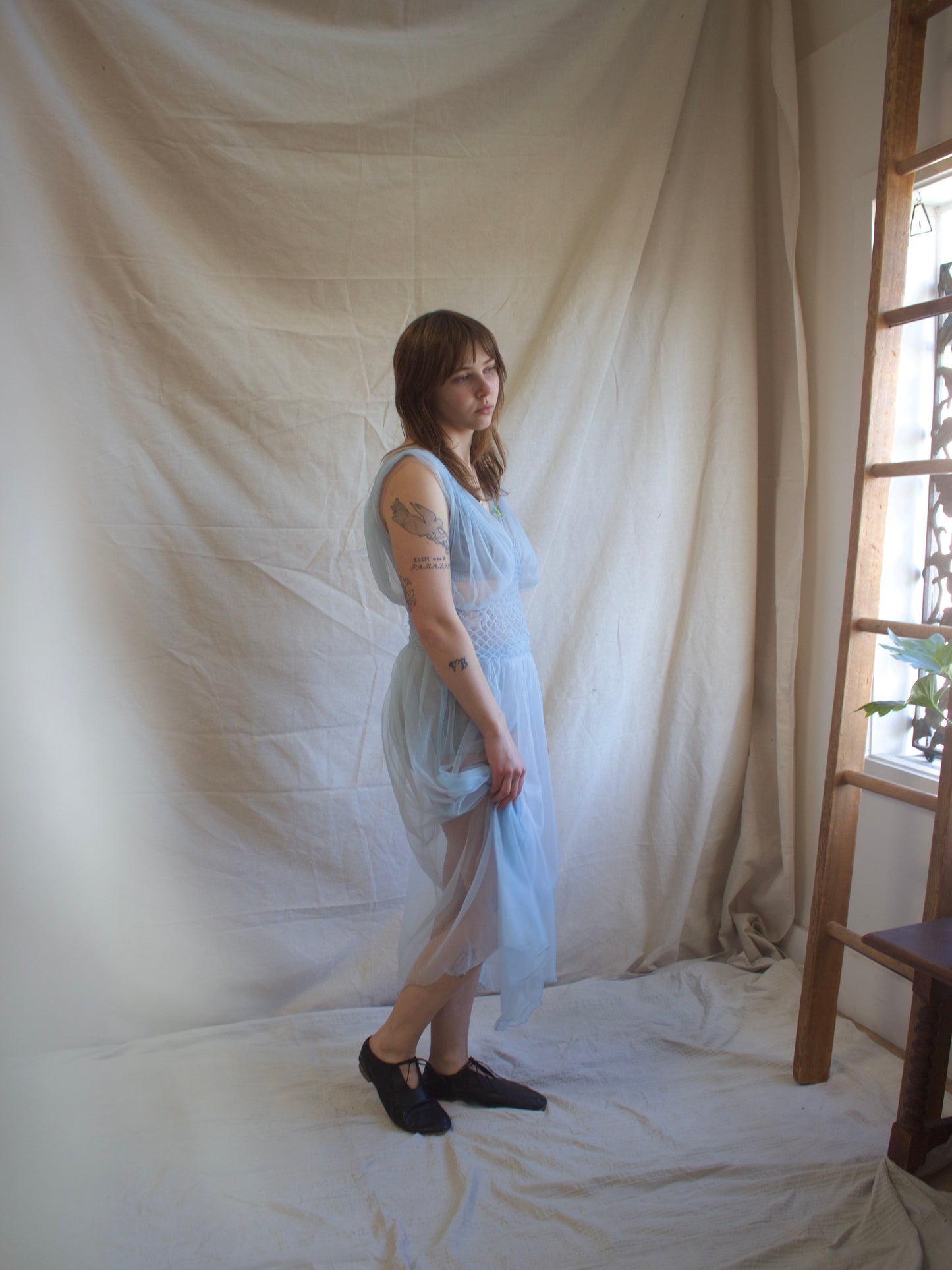 1930s/1940s Pale Blue Embroidered Nylon Honeycomb Smocked Slip Dress