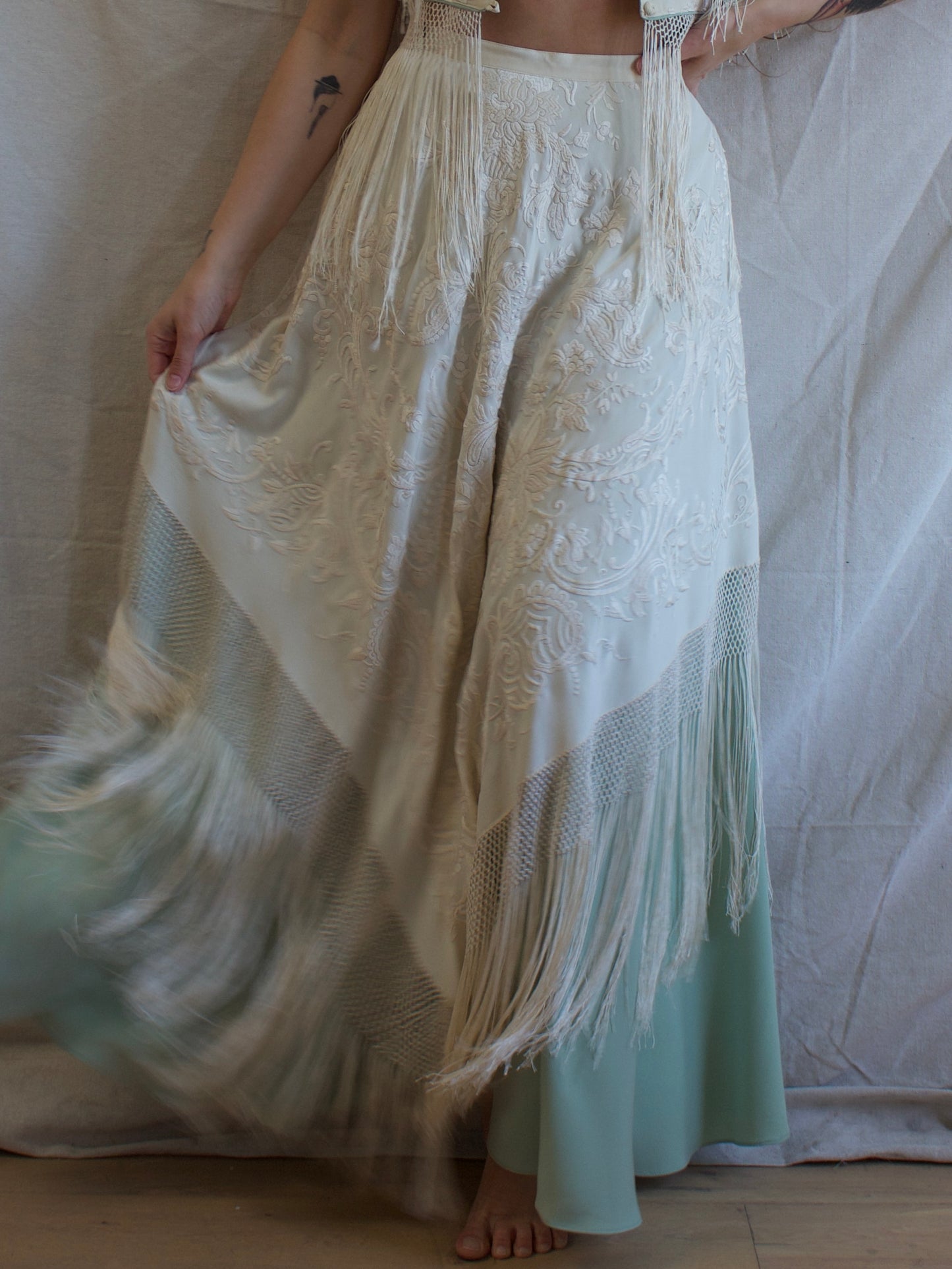 Antique Embroidered Fringe Piano Shawl Made Two Piece Gown