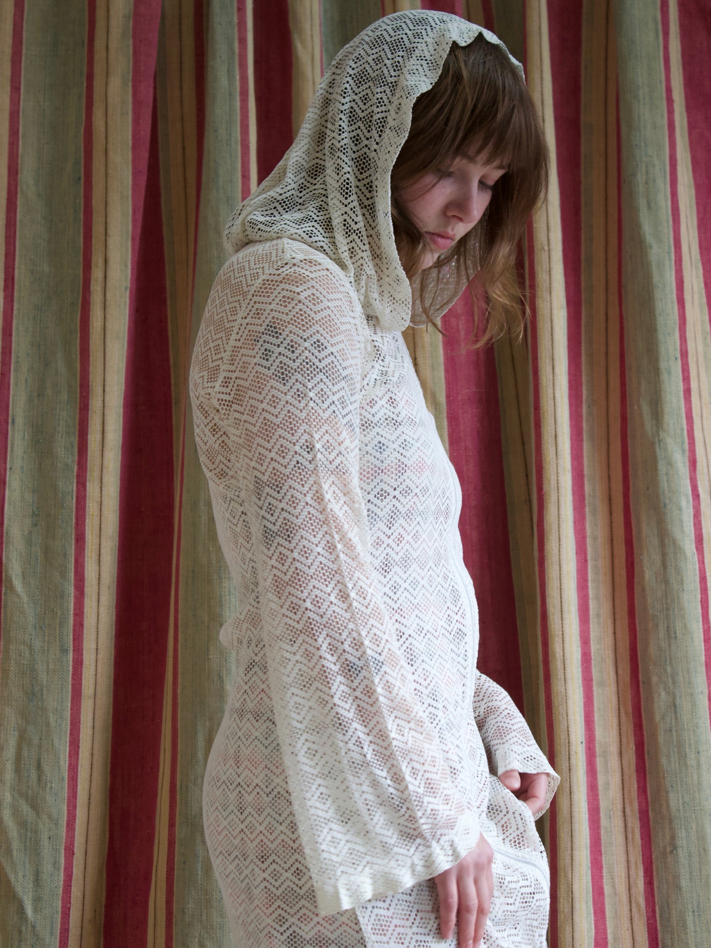 1950s Zip Front Open Knit Weave Hooded Bell Sleeve Beach Dress
