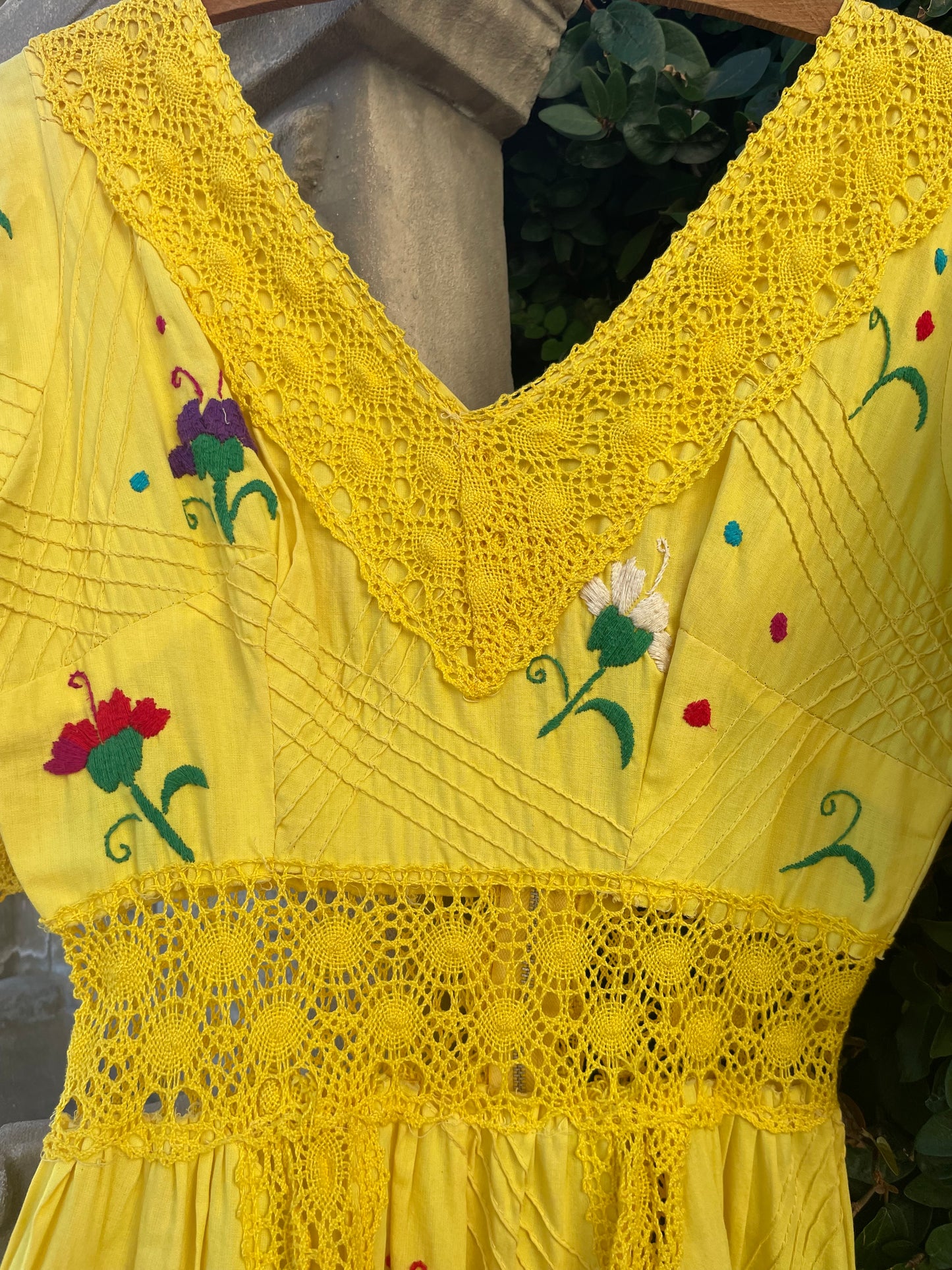 1970s Vibrant Yellow Embroidered Mexican Maxi Length Bell Sleeve Dress
