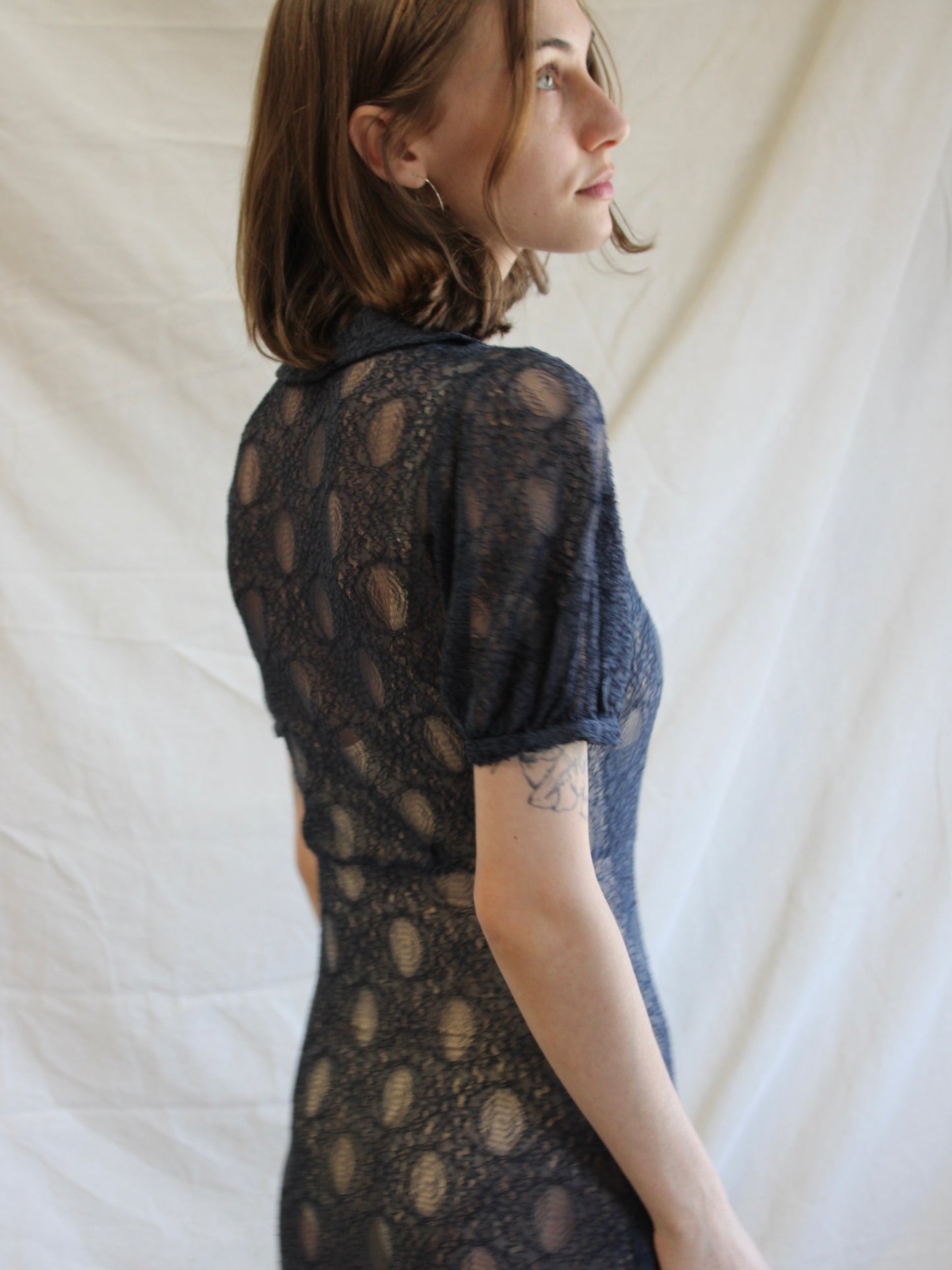 1930s Navy Blue Embroidered Net Puff Sleeve Bow Trimmed Dress