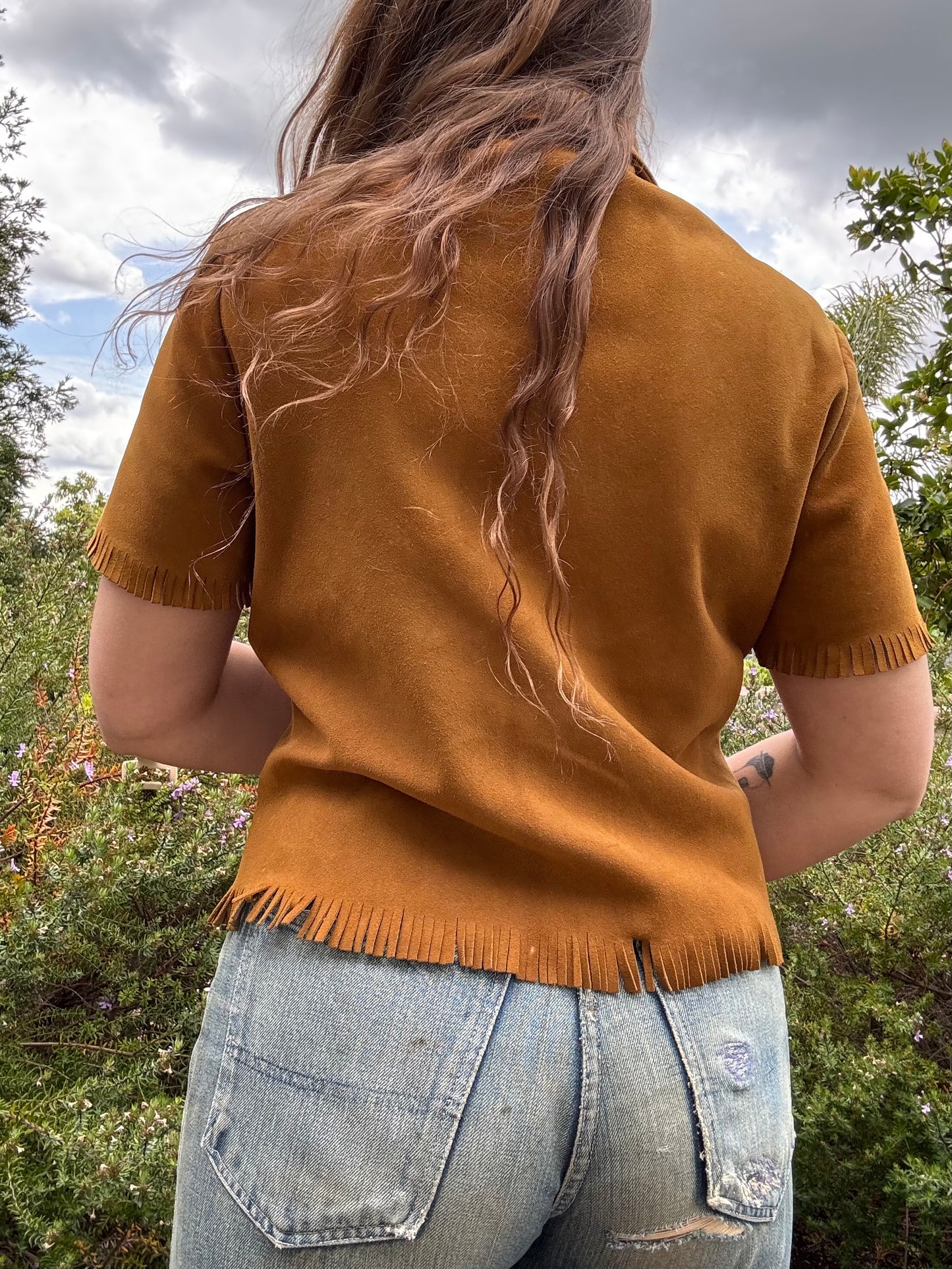 1940s Suede Leather Fringe Button Front Western Blouse