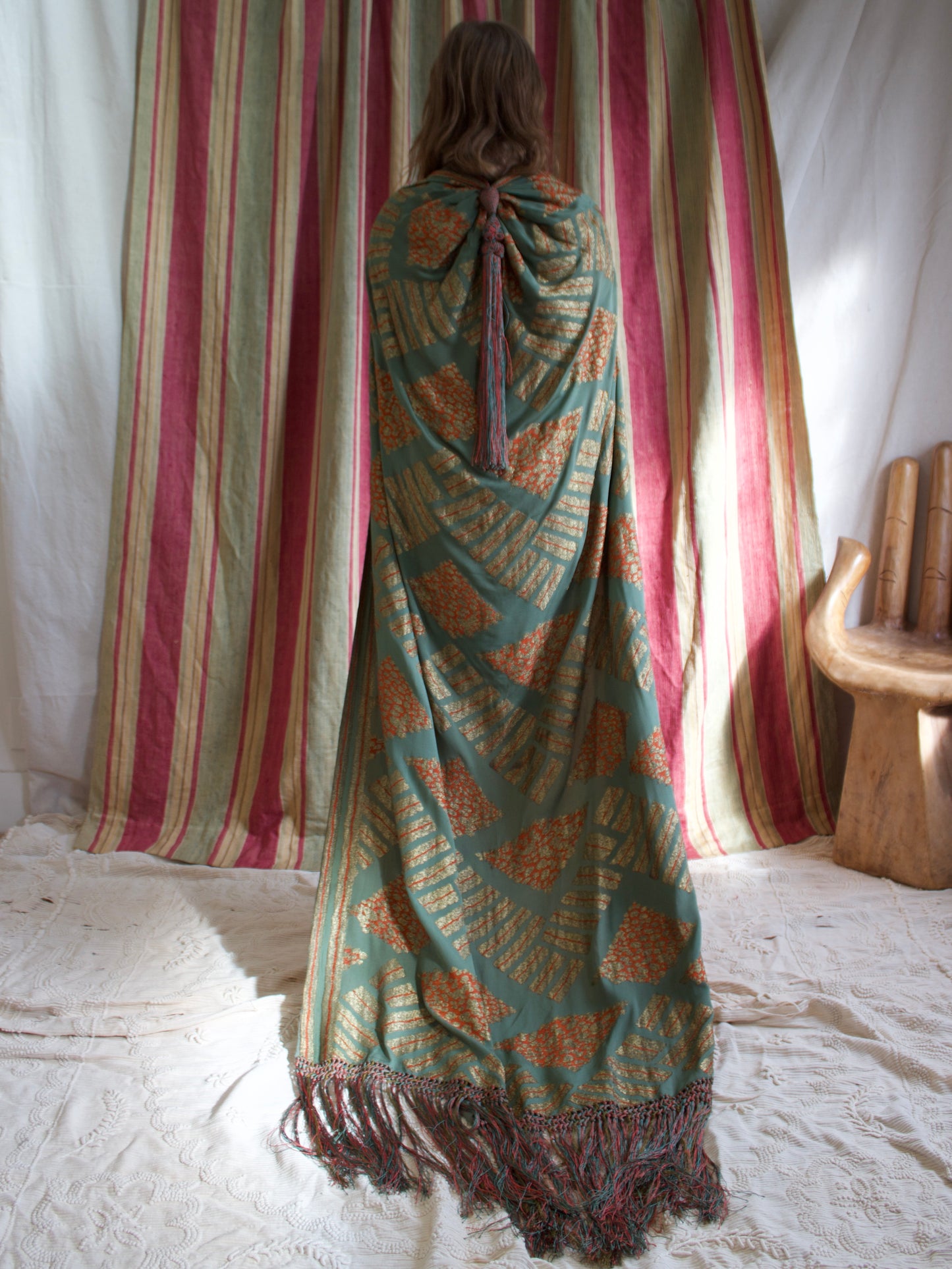 Antique 1920s Tangerine & Gold Lamé Chiffon Floor Length Trained Knotted Fringe Cape