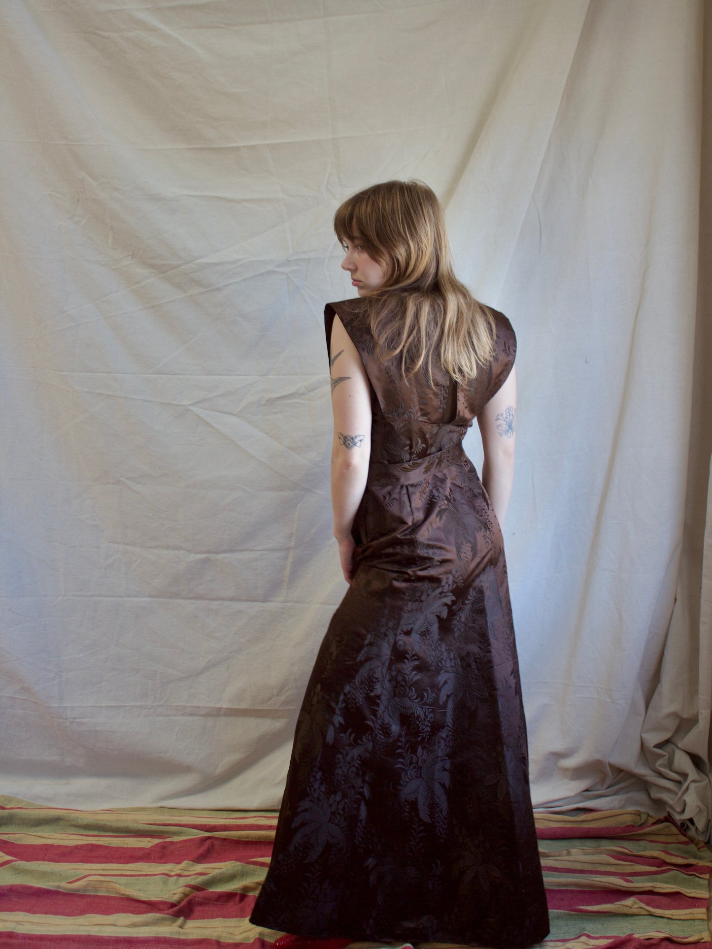 1930s Silk Satin Jacquard & Lamé Sequin Trim Gown