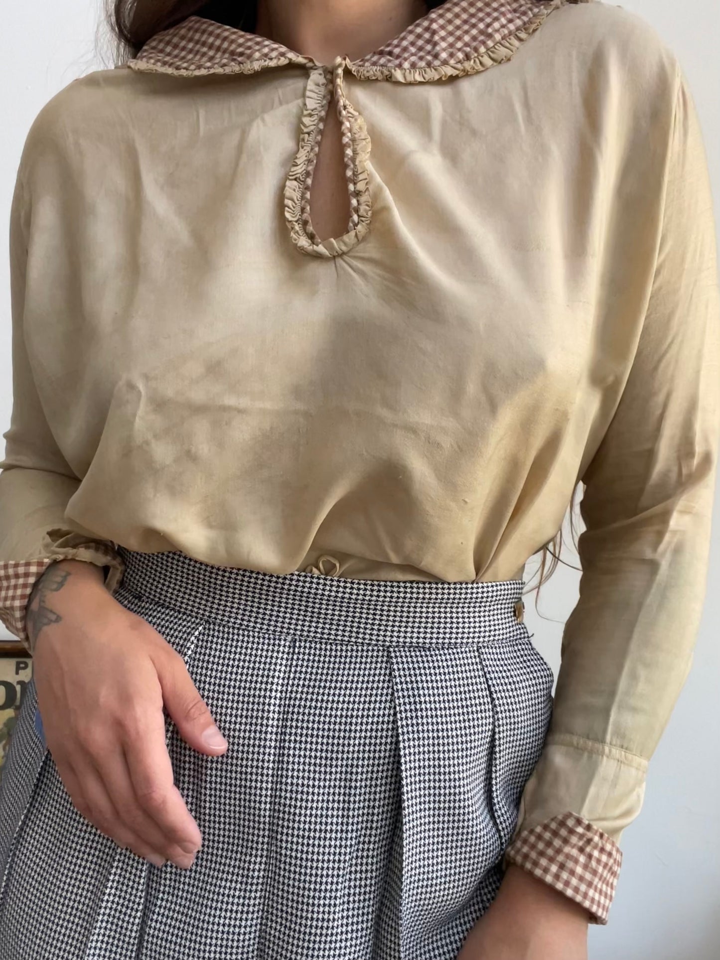 1910s/1920s Pongeee Silk & Gingham Trim Sailor Collar Blouse