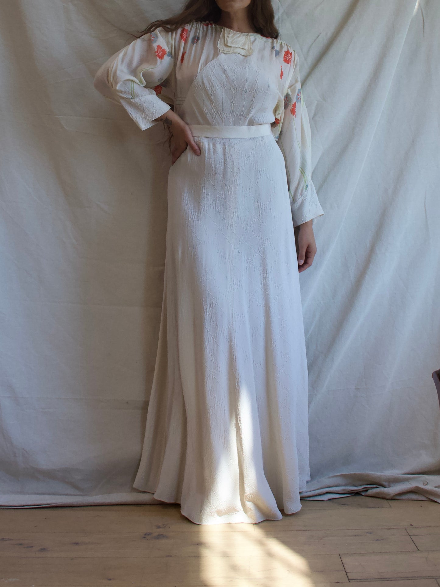 1930s Ivory Crepe & Floral Silk Dolman Sleeve Gown