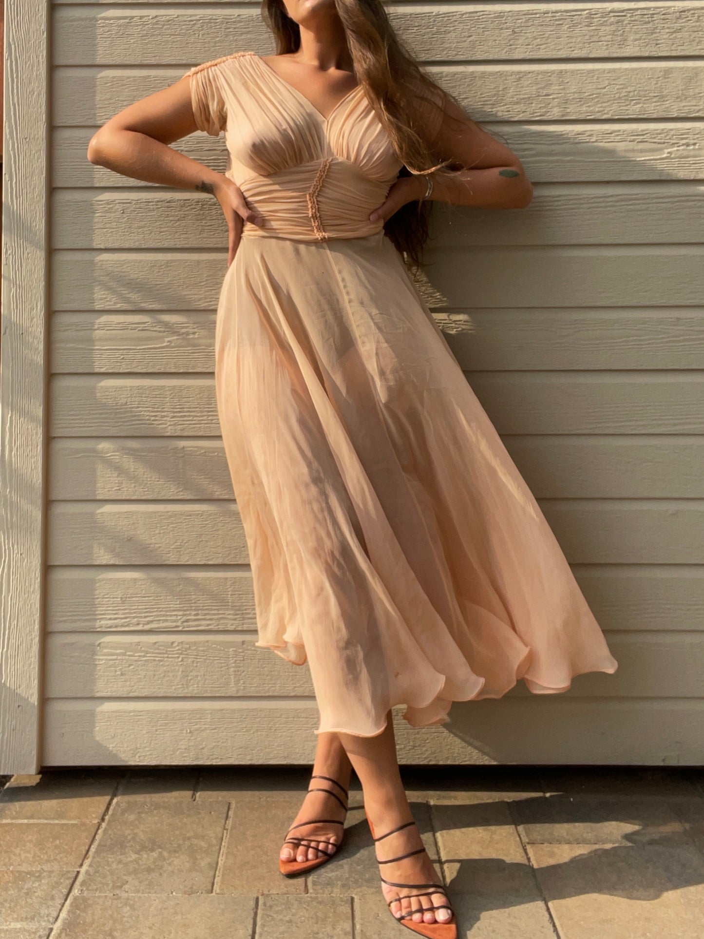 1940s I. Magnin Ballet Pink Shirred Silk Chiffon Dress