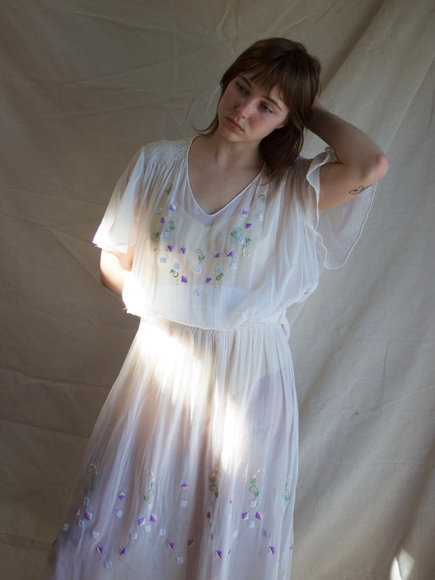 Antique 1920s Smocked Folk Flutter Sleeve Peasant Dress