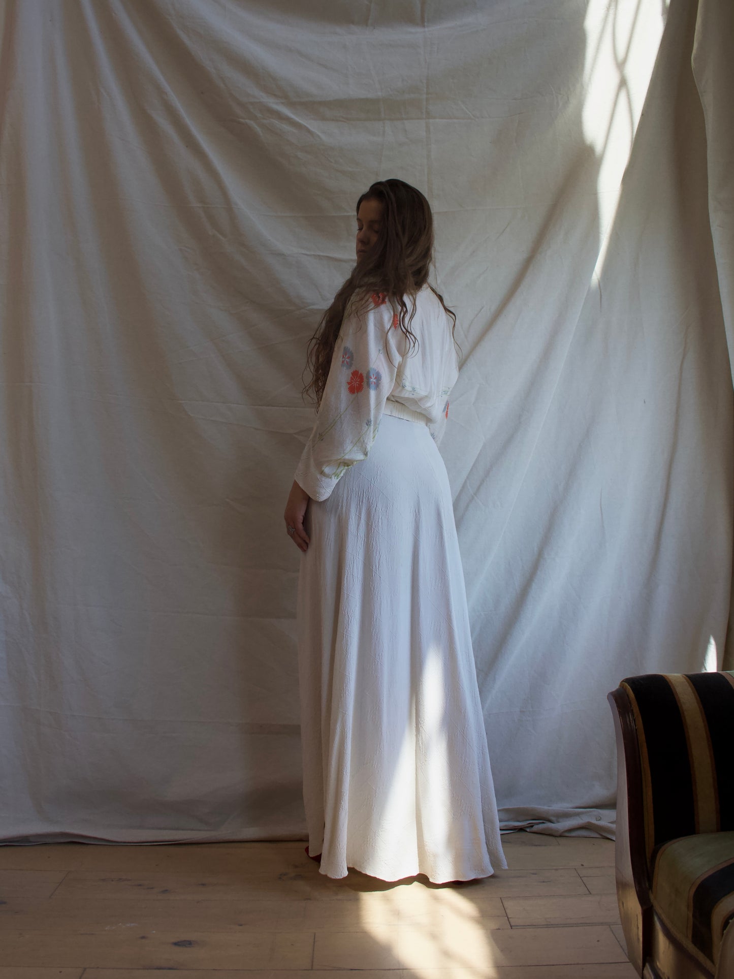1930s Ivory Crepe & Floral Silk Dolman Sleeve Gown