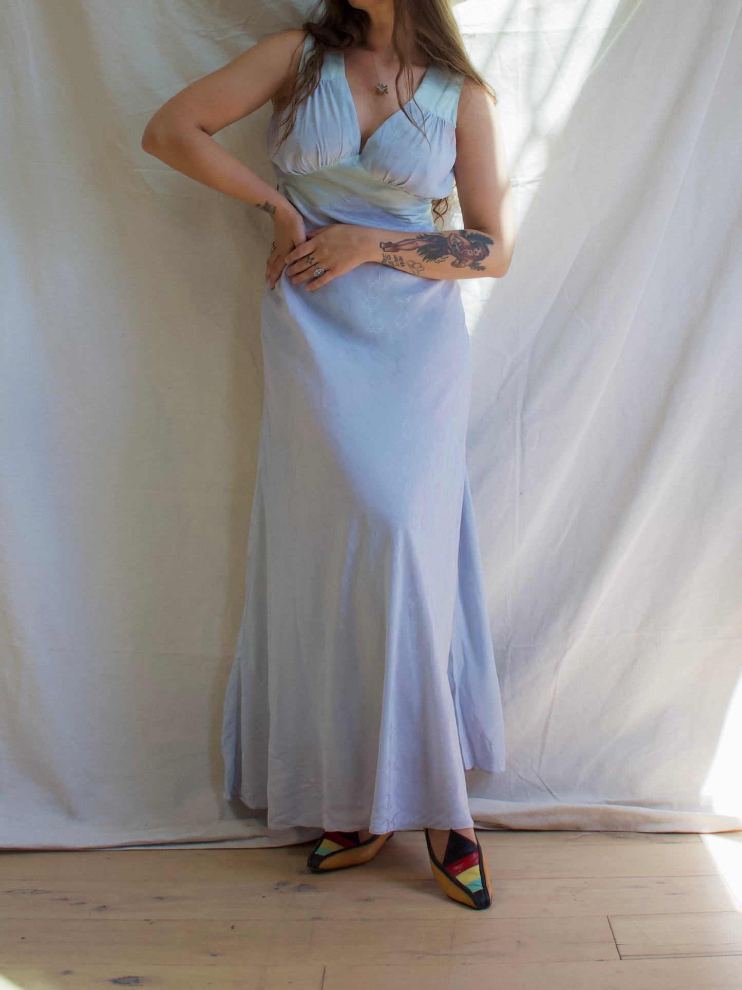 Headstock 1940s Icey Blue Silk Rayon Brocade Bias Cut Slip Dress