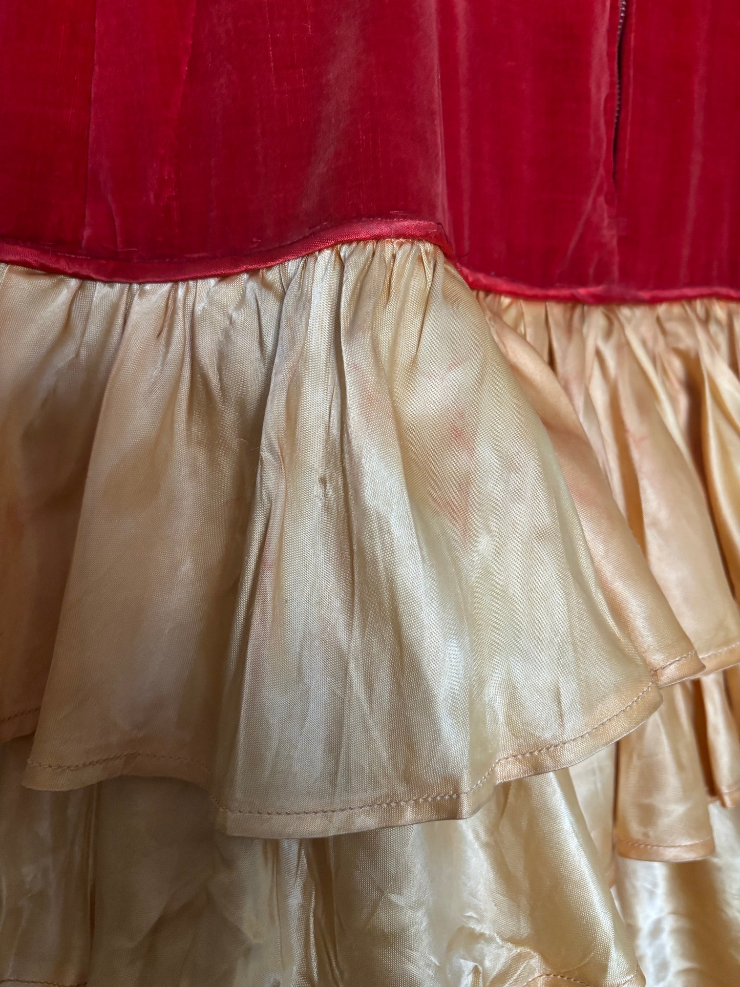 1930s Crimson Velveteen & Gold Liquid Satin Tiered Ruffle Gown