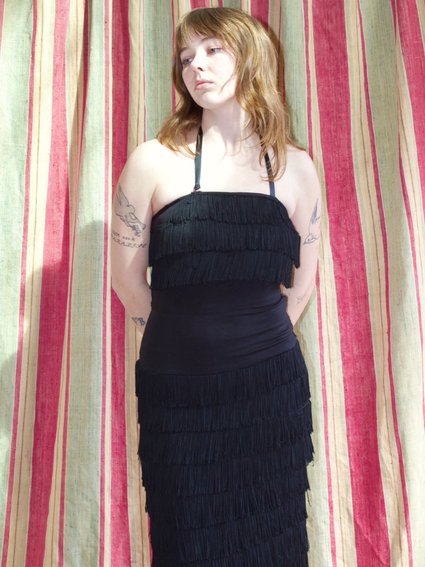Rare 1940s Halter Style Floor Length Fringe Crepe Gown