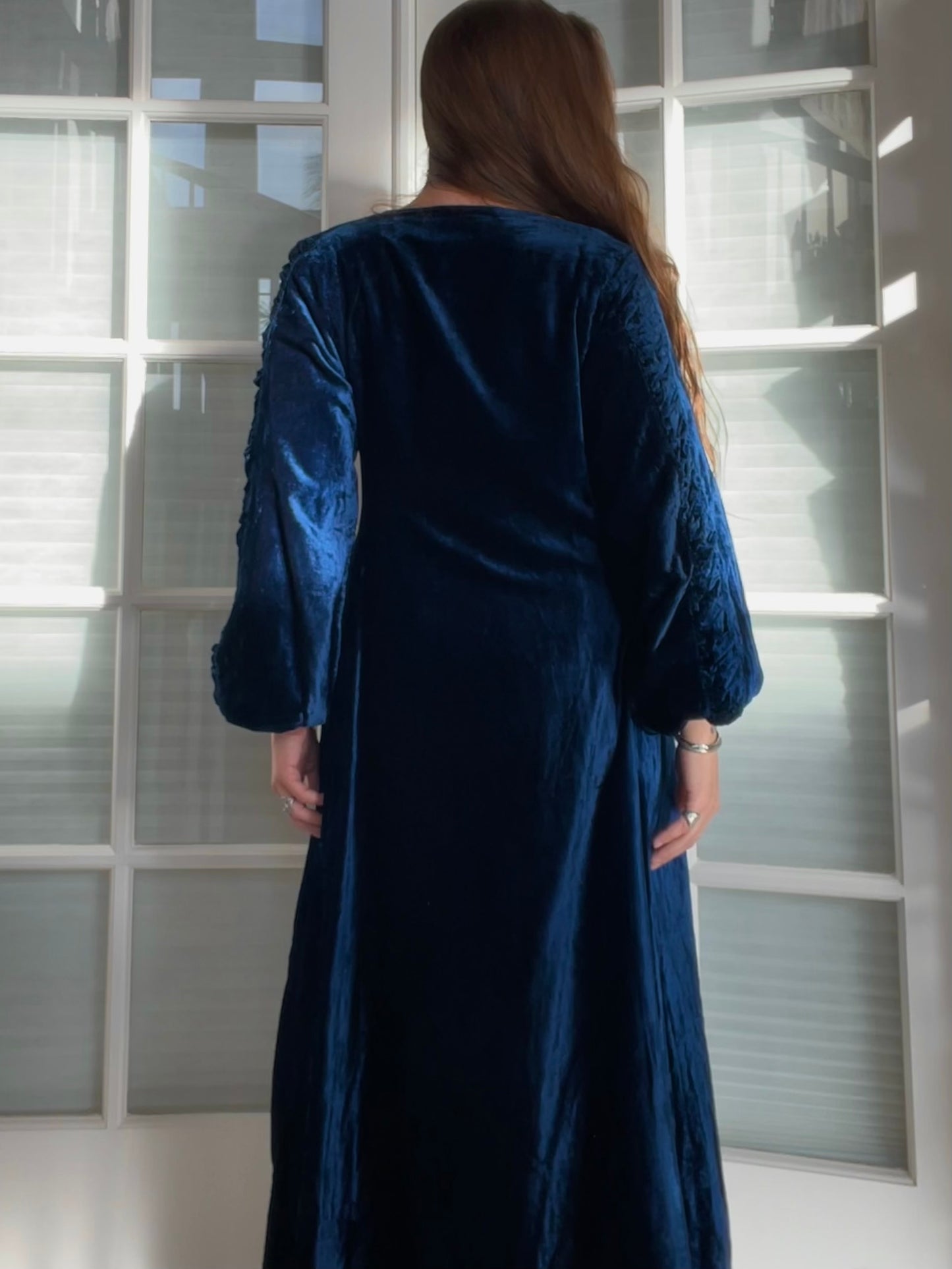 1940s Navy Velvet Bishop Sleeve Robe Style Coat