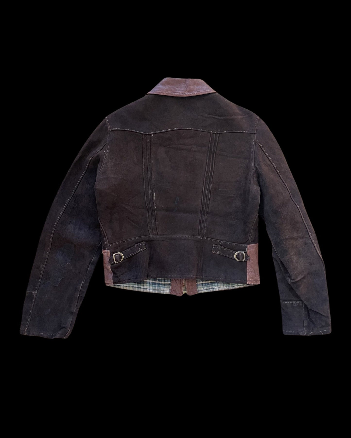 1930s-1940s Two Tone Flannel Lined Leather & Suede Side Cinch Jacket