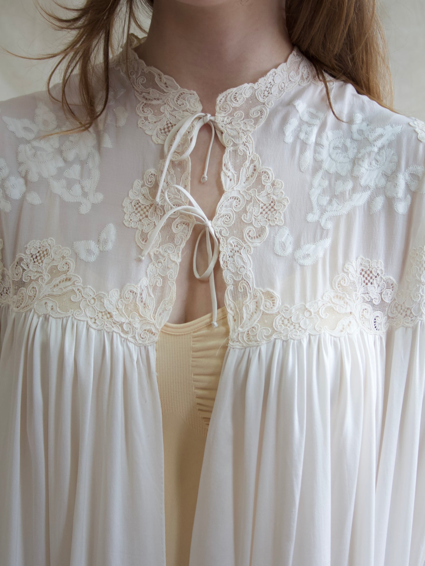 Rare 1930s Silk Lace Hand Sewn Balloon Sleeve Deep V Trousseau Gown
