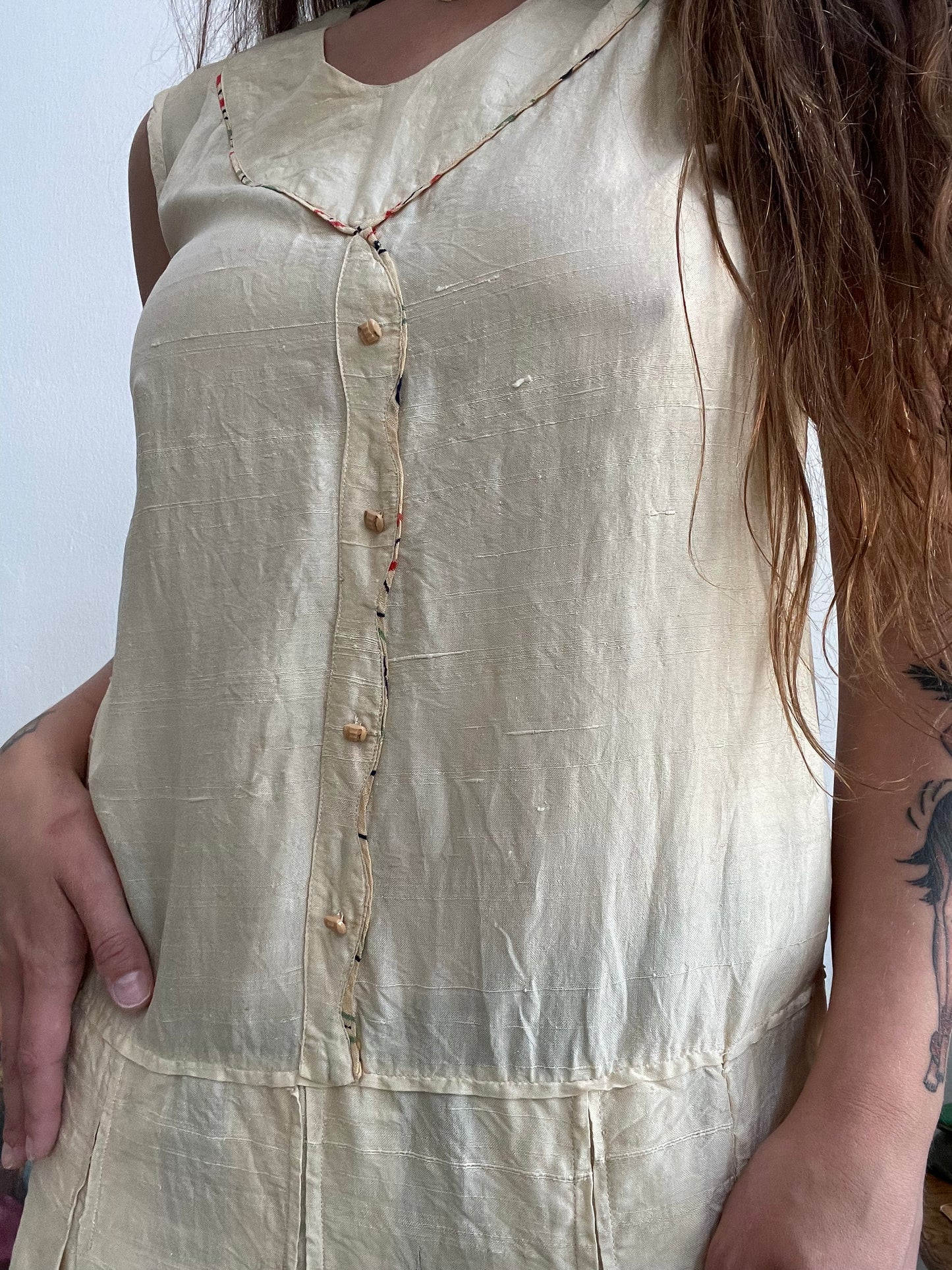 1920s Drop Waist Raw Silk Pleated Deco Dress