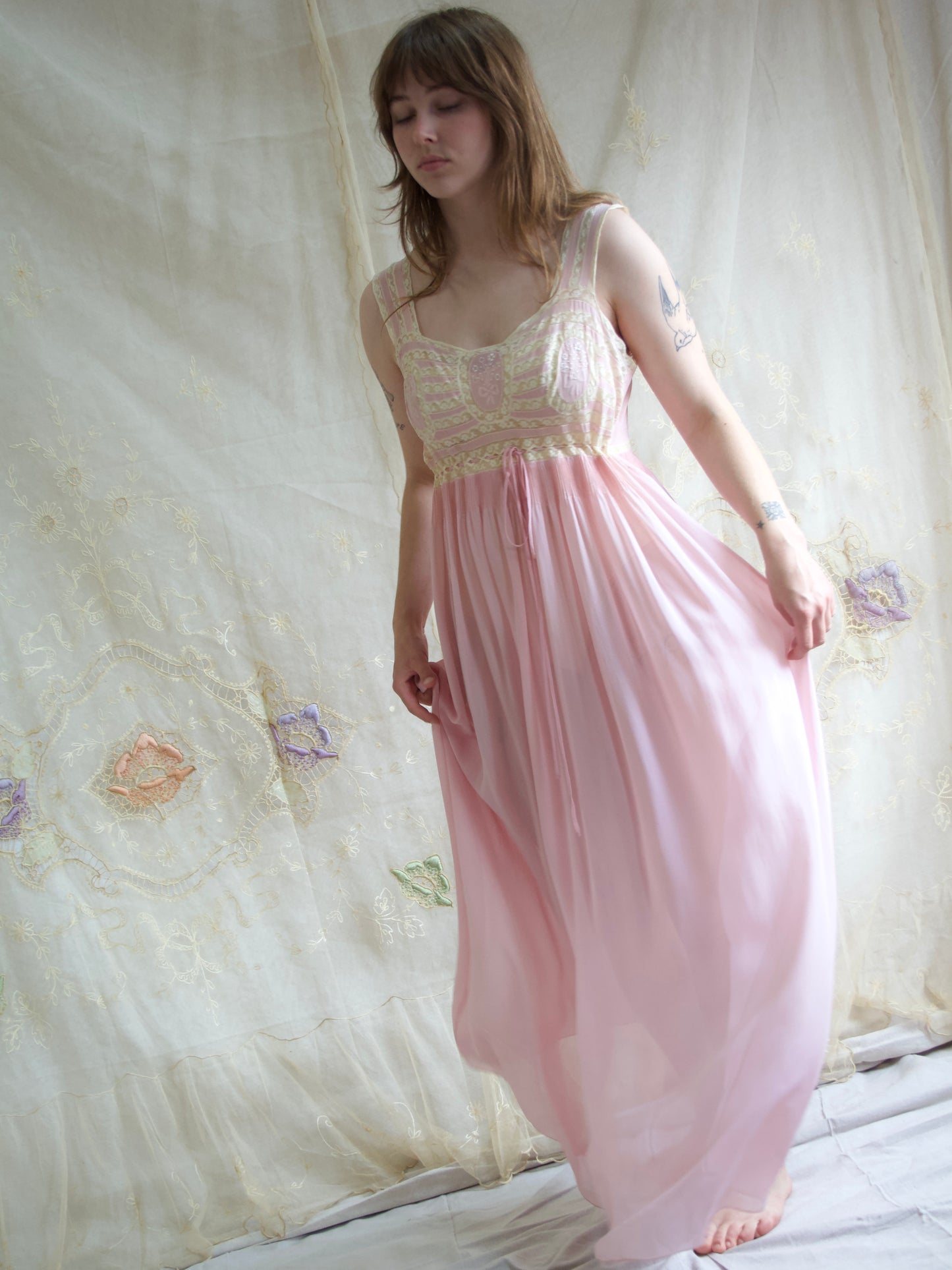 1930s Pale Silk Chiffon & Lace Hand Embroidered Slip Dress