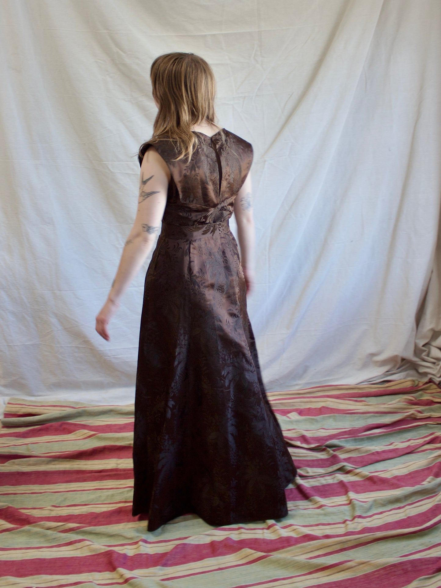 1930s Silk Satin Jacquard & Lamé Sequin Trim Gown