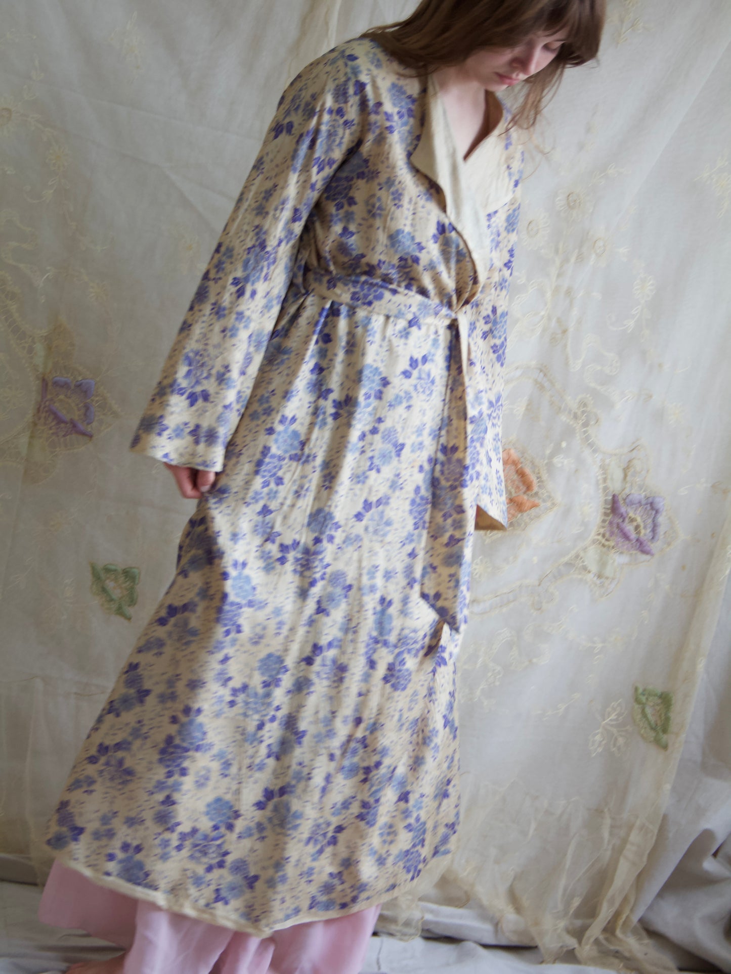Antique 1920s Reversible Flutter Sleeve Floral Pongee Silk Robe
