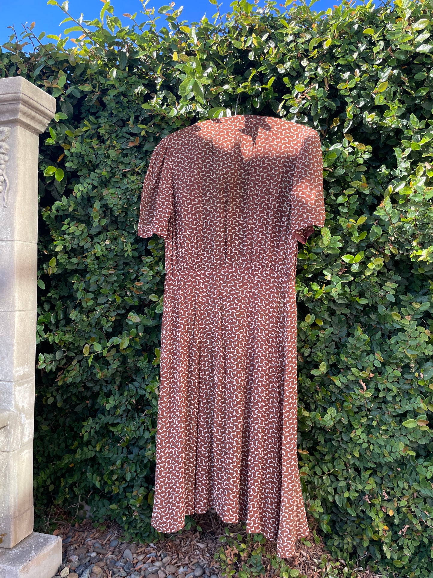 1930s Printed Chocolate Brown Chiffon Over Dress