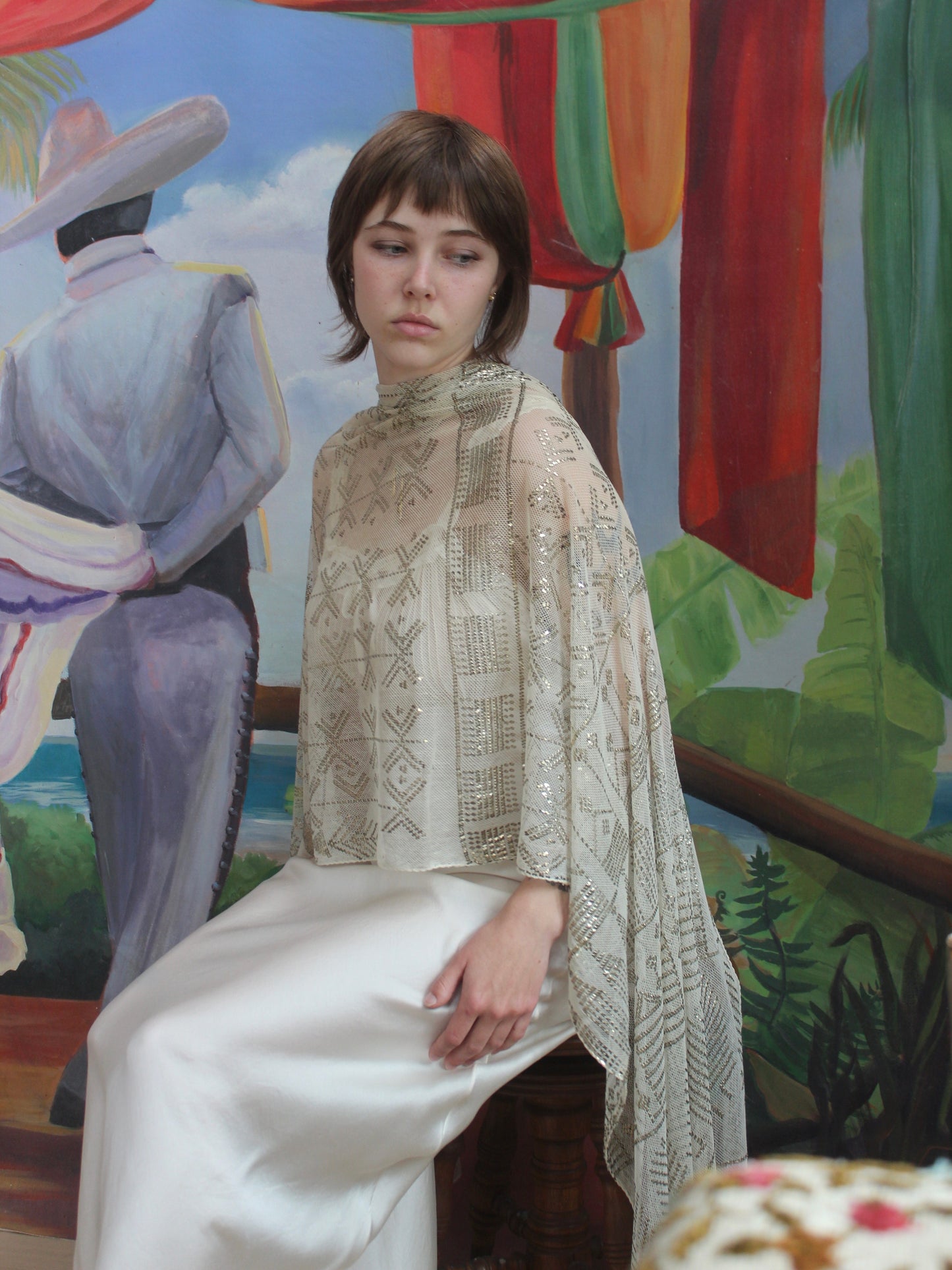 Antique 1920s Cream Assuit Hammered Metal Shawl