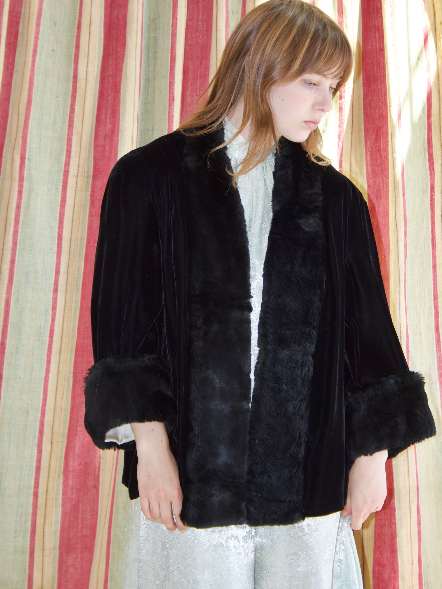 Antique 1920s Jet Black Silk Velvet & Fut Trim Coat