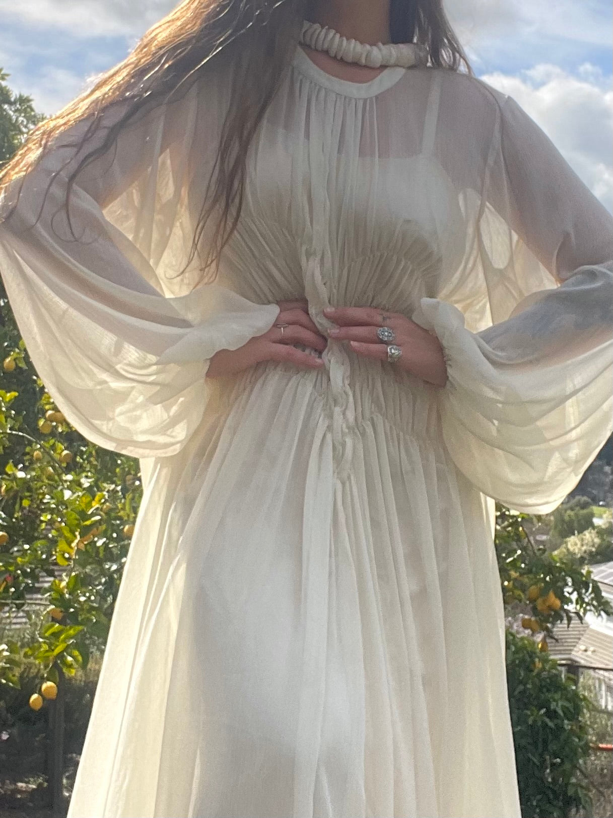 1960s Does 1930s Balloon Sleeve Smocked Crepe Chiffon Dress