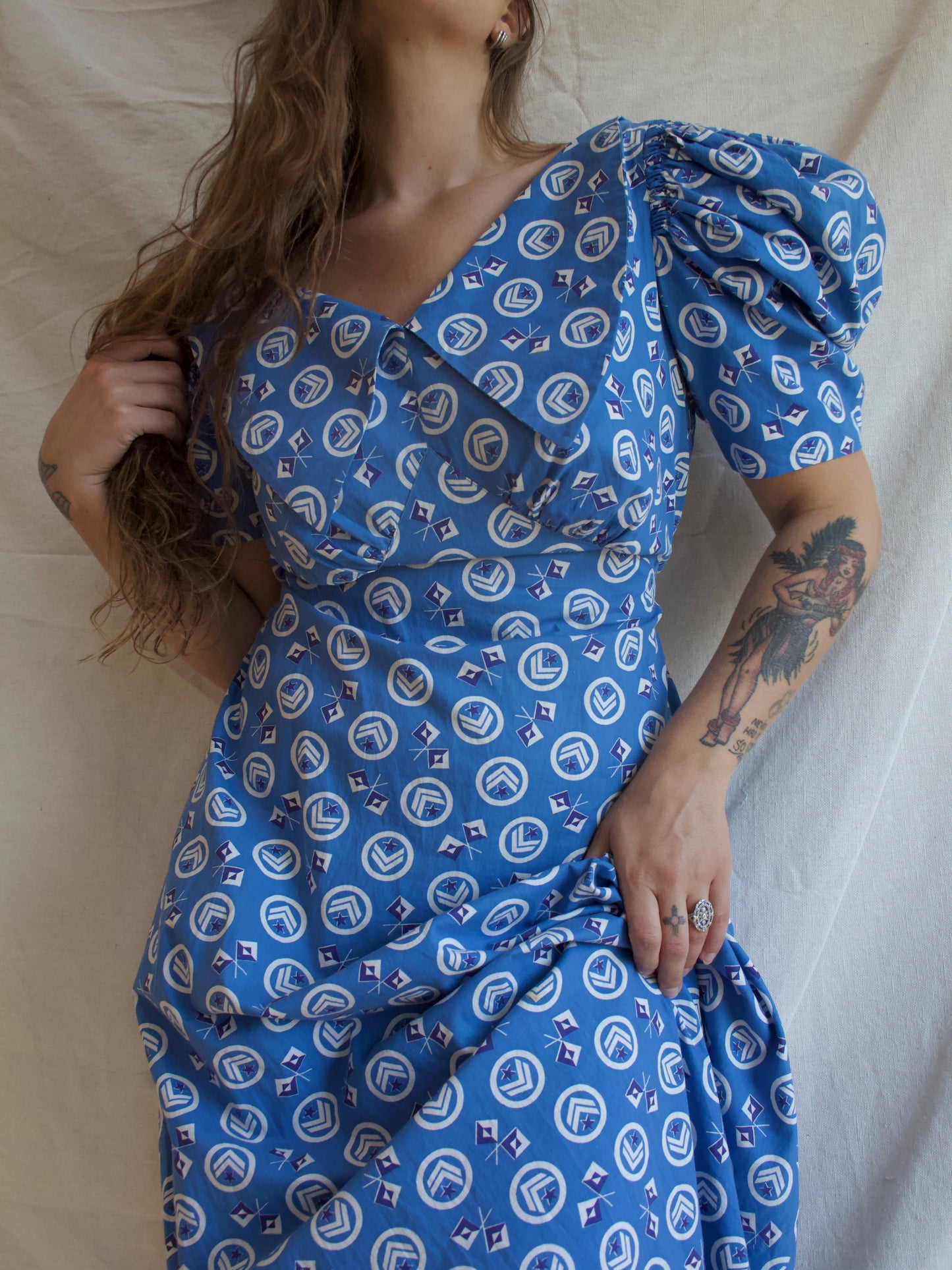 1930s Nautical Print Gigot Sleeve Cotton Beach Dress