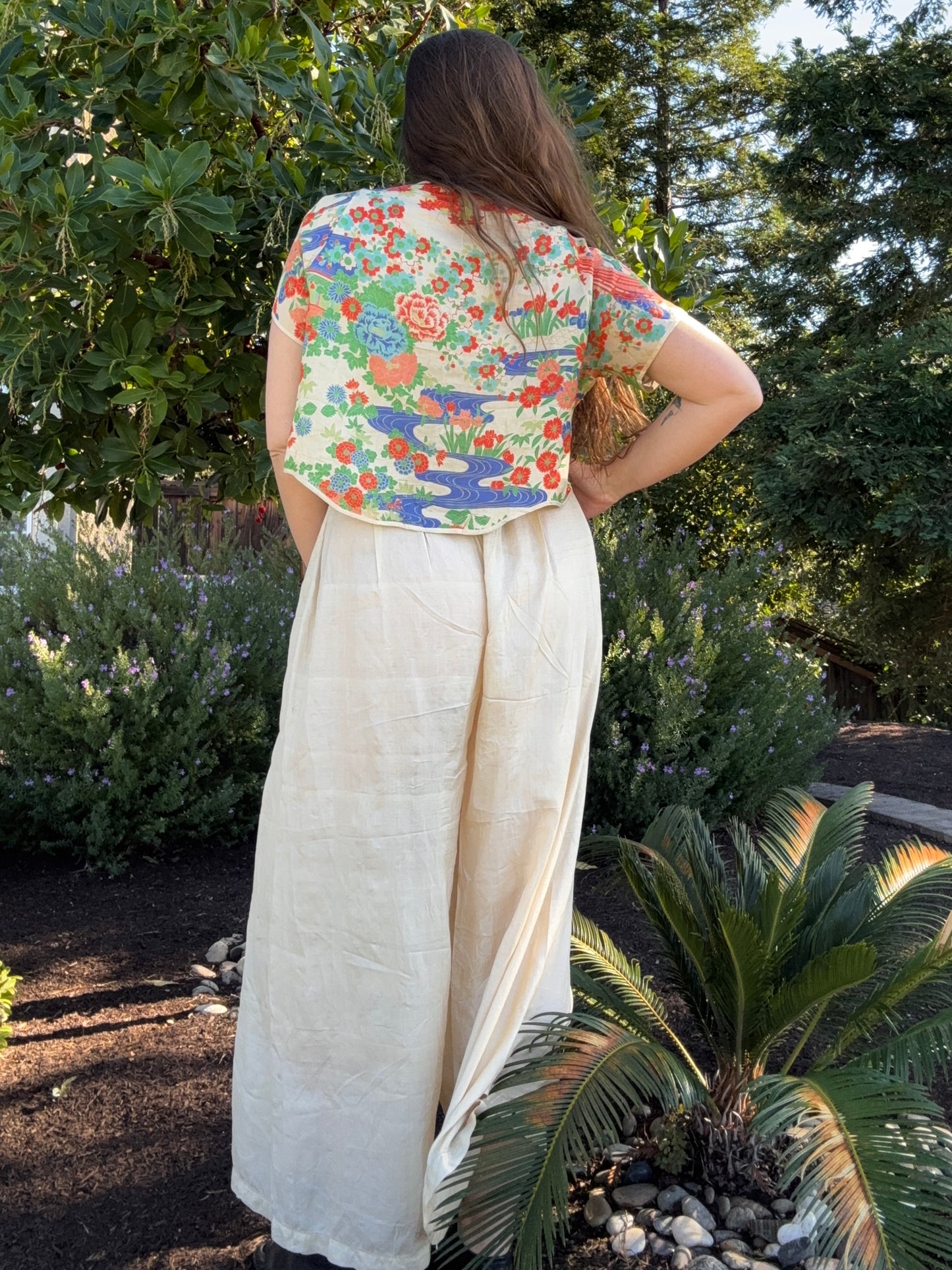 Antique 1920s Two Piece Japanese Pongee Silk Palazzo Pant Set