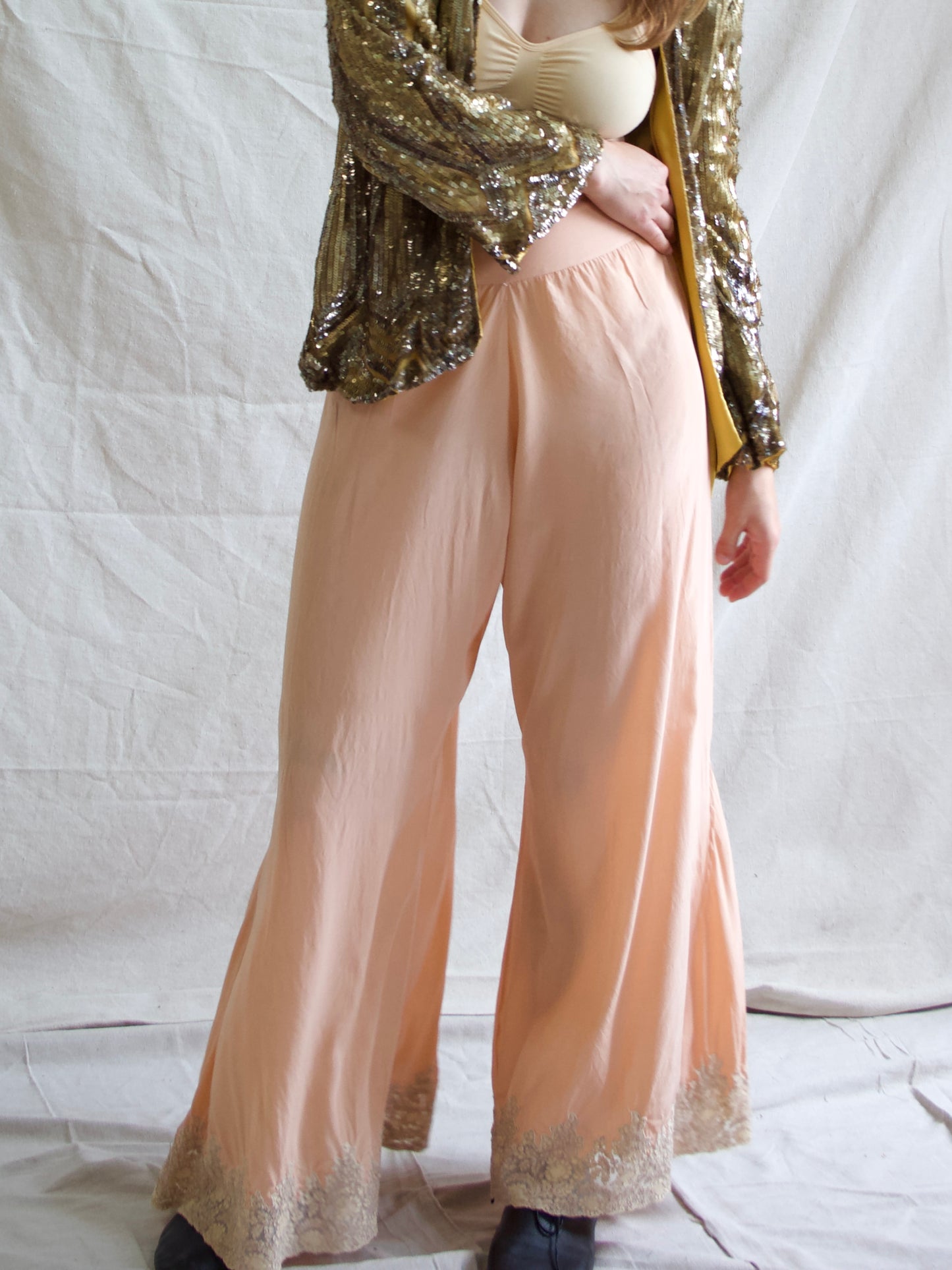 Rare 1930s Fall Front Soft Pink Silk Lace Trim Palazzo Boudoir Pants