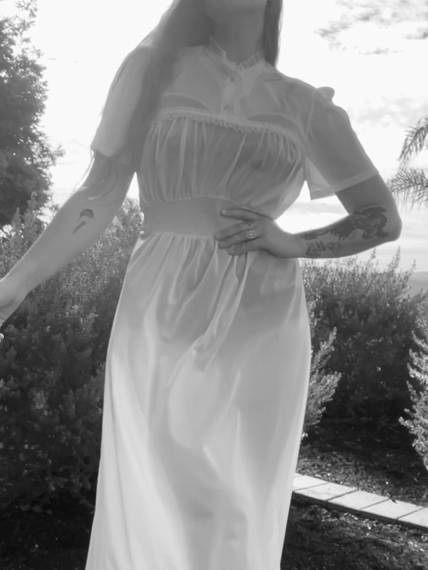 1940s Sheer Nylon High Neck Puff Sleeve Slip Style Dress