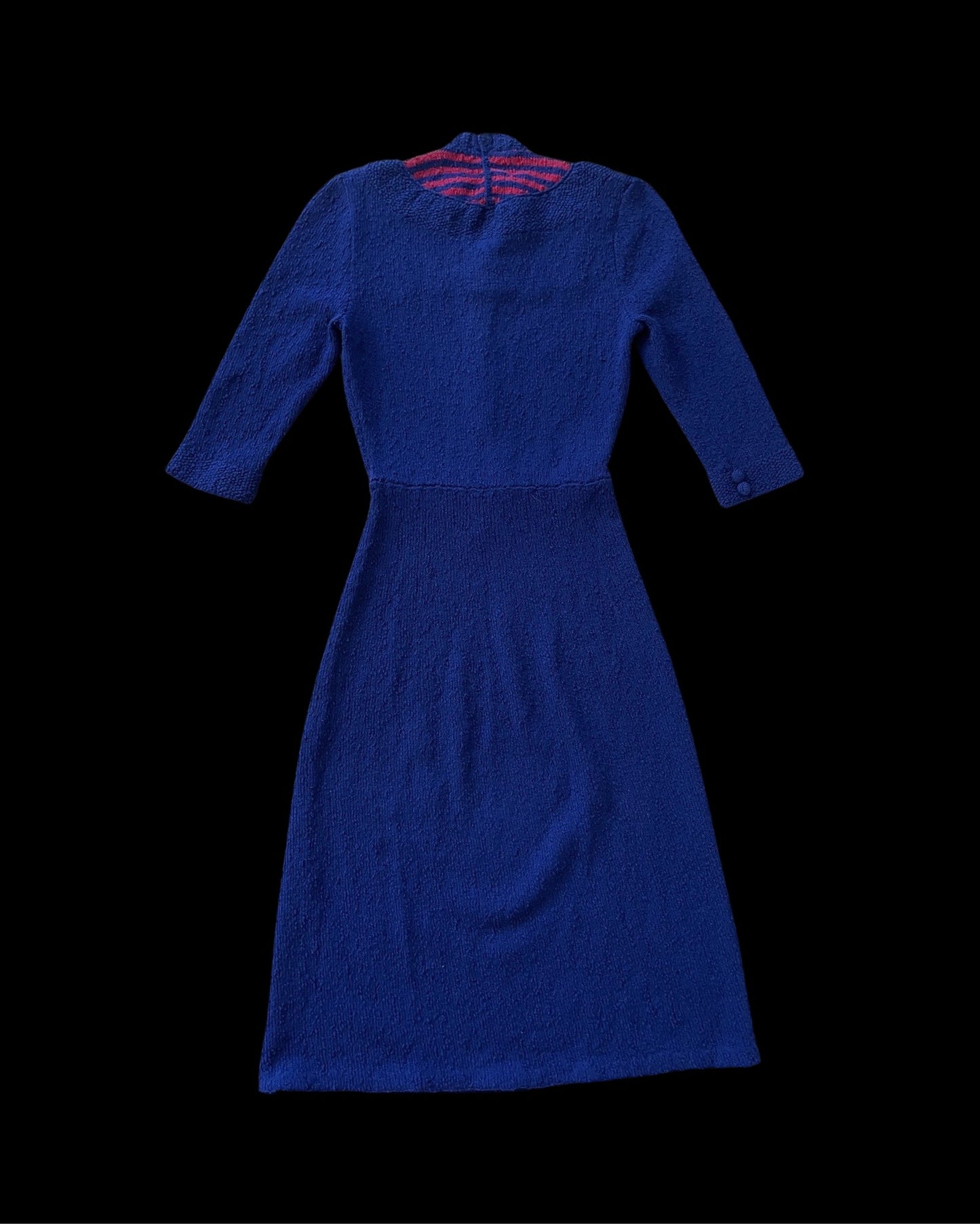 1930s Navy & Raspberry Boucle Knit Striped Dress W/ Belts