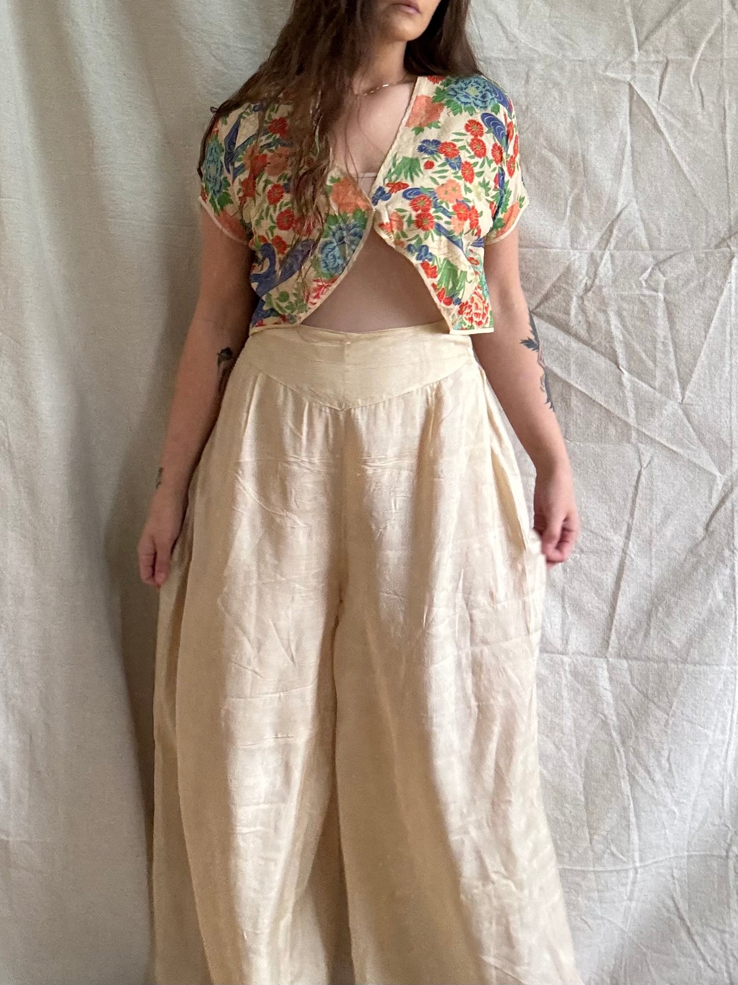 Antique 1920s Two Piece Japanese Pongee Silk Palazzo Pant Set
