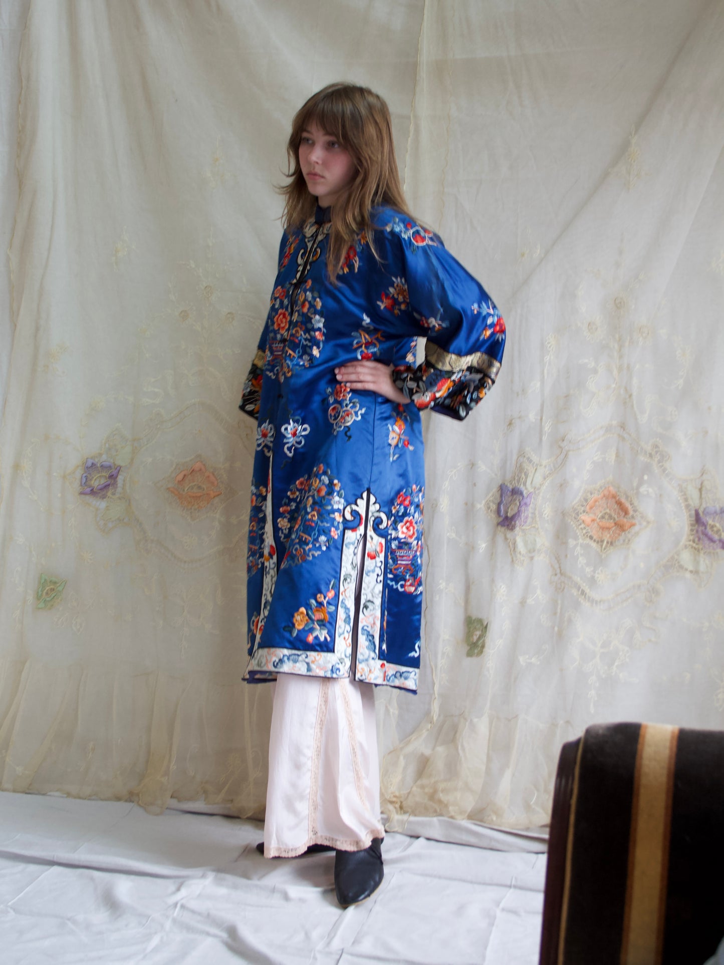 1940s Royal Blue Silk Chinese Mandarin Collar Robe