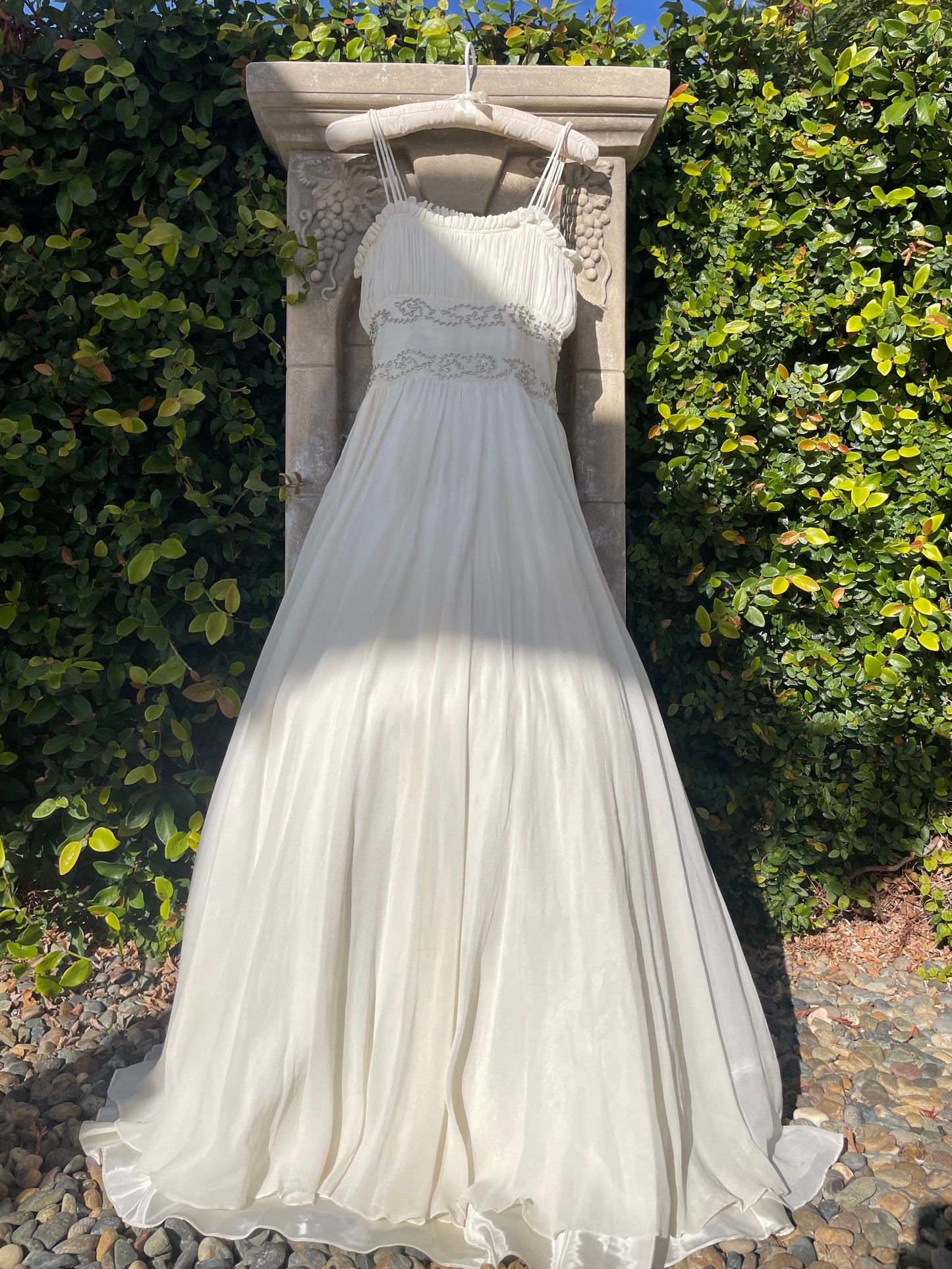 1940s Metallic Soutache Embroidered Chiffon Gown